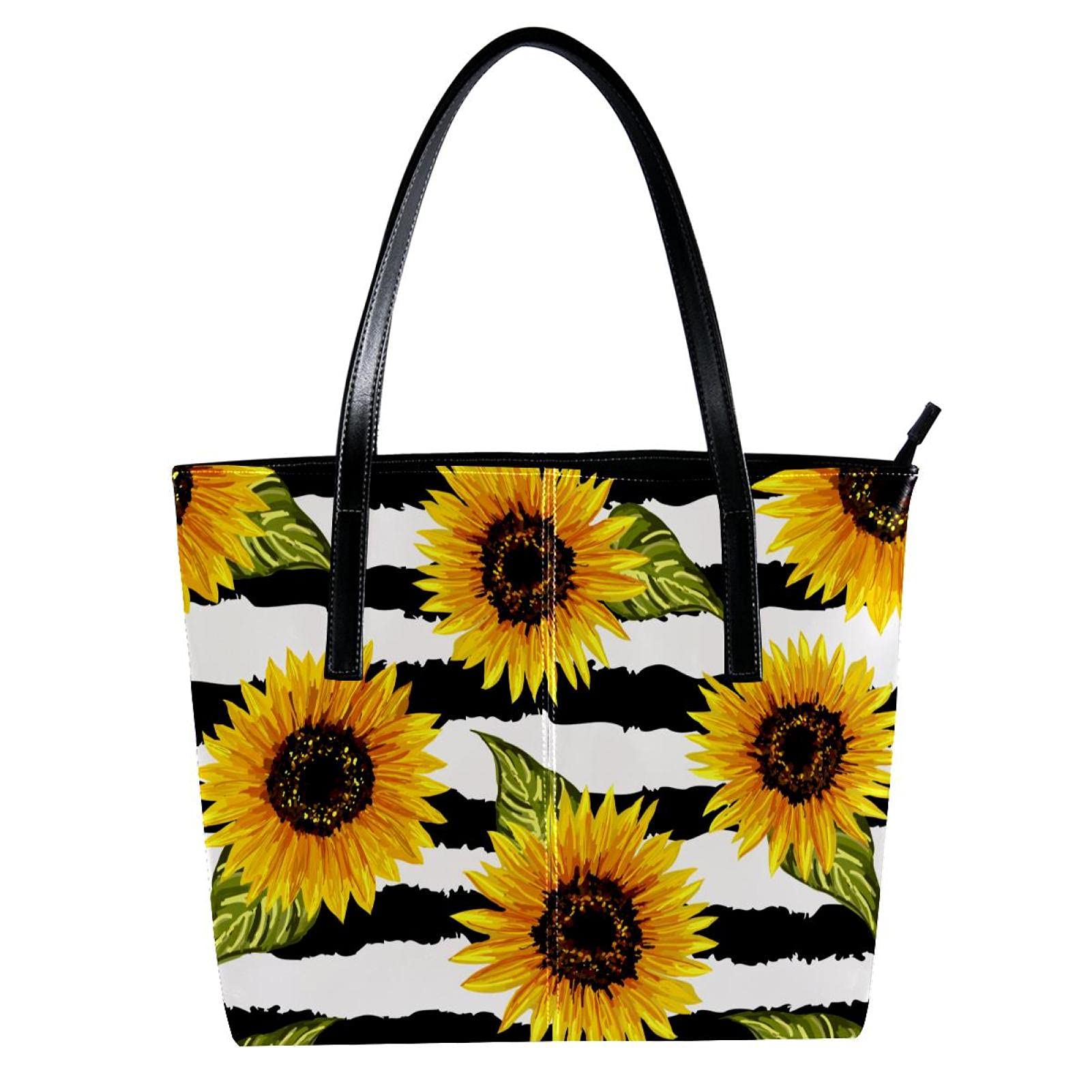 Yellow Blooming Sunflowers Women's Leather Tote Bag - Large Black Shoulder Bag for Work, School & Travel | Stylish Handbag Purse for Women