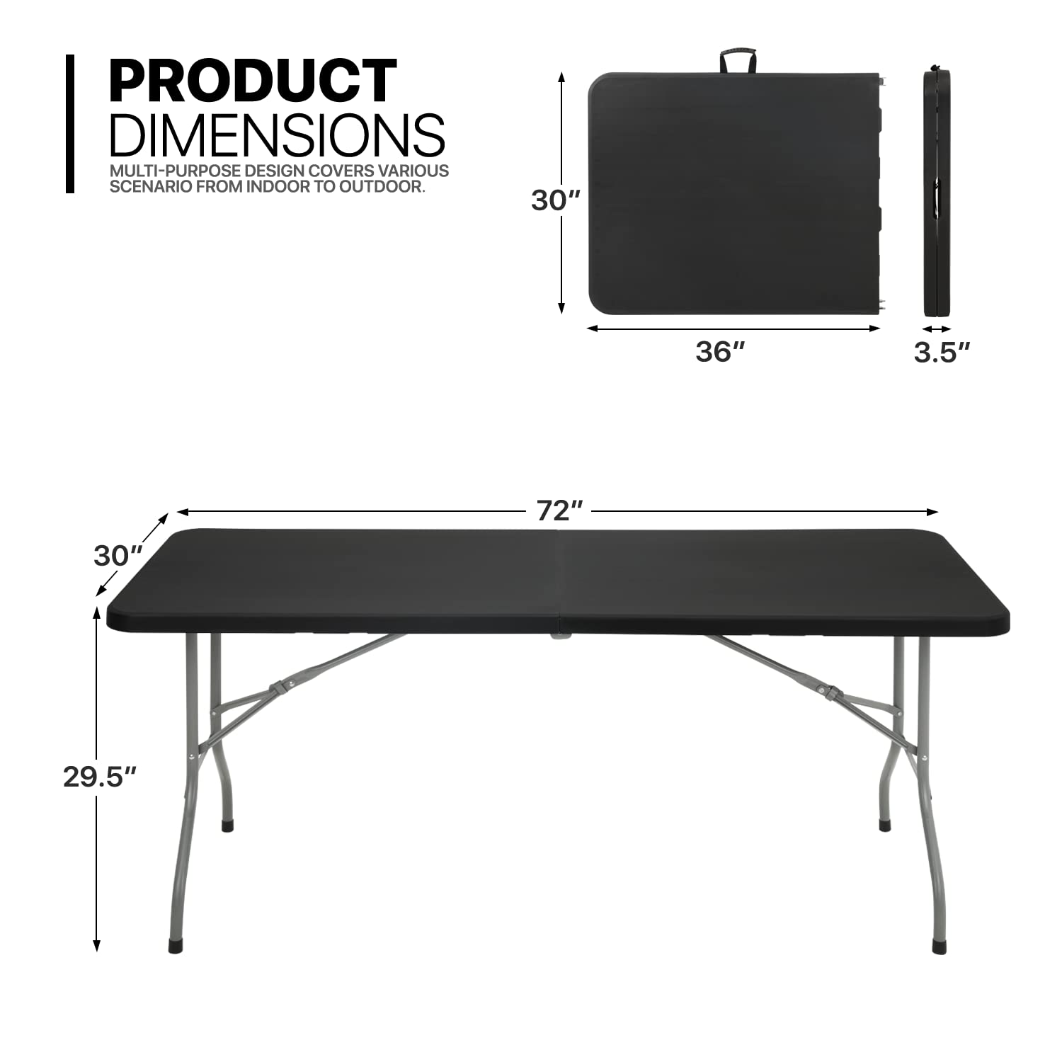 MoNiBloom 6Ft Folding Table - Heavy Duty Portable Plastic Dining Table with Handle & Lock, Fold in Half for Indoor Outdoor Use - Perfect for Camping, Picnic, Party, BBQ, and Home Office (Black)