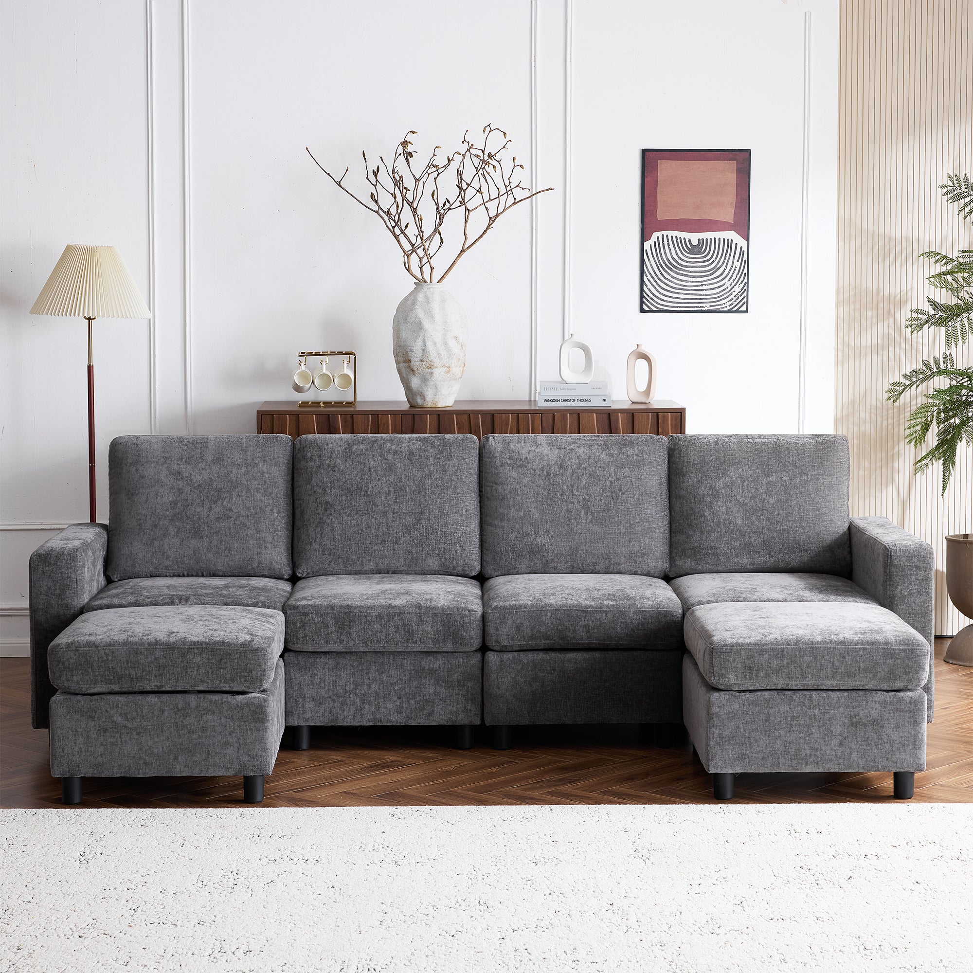 Erommy 6-Piece Modular Sectional Sofa Set with Storage - 4 Single Seats & 2 Ottomans in Dark Gray for Living Room, Family Room or Home Theater