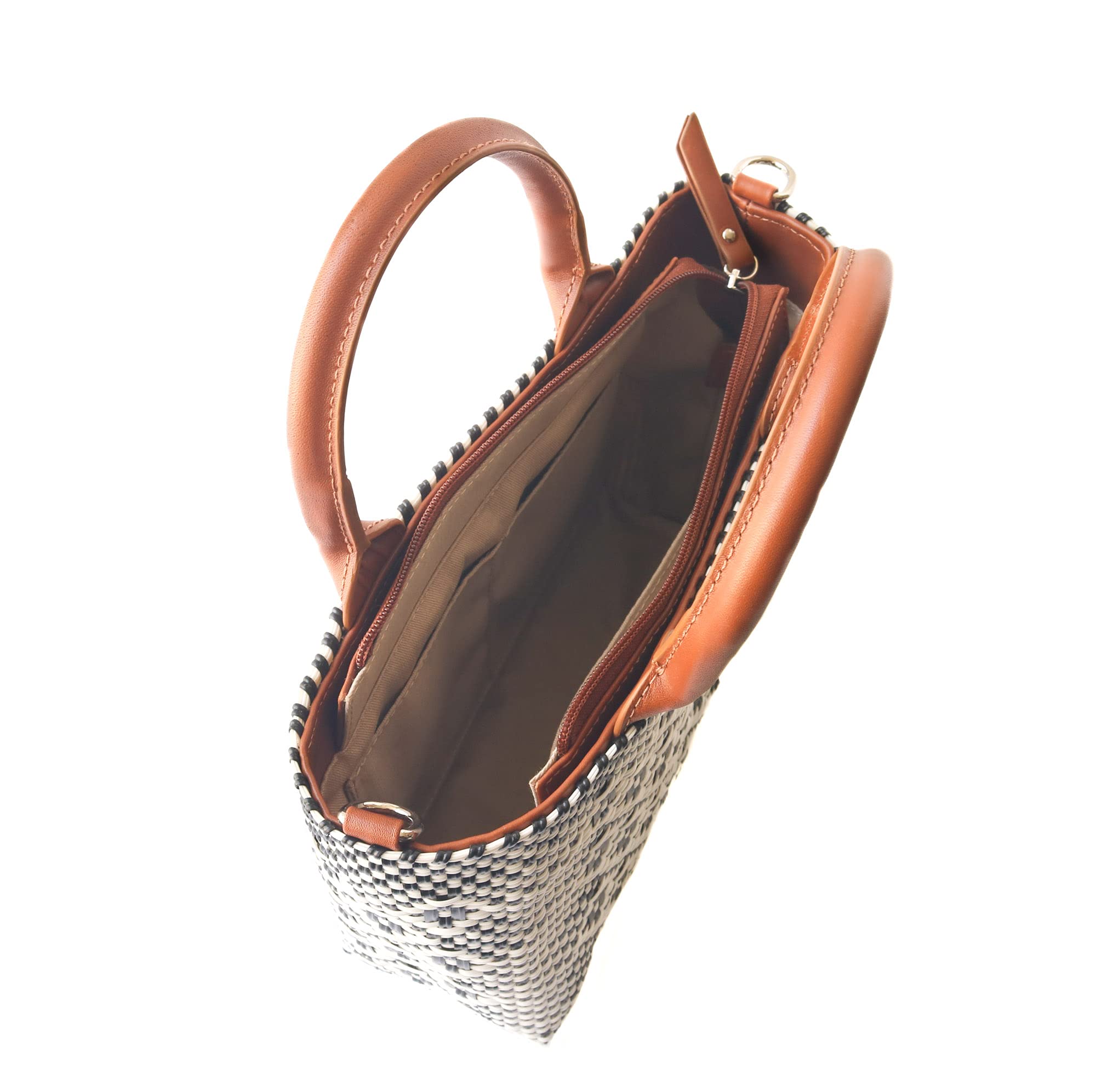Eco-Friendly Small Woven Crossbody Bag with Tan Leather Handles - Mexican Recycled Plastic Handwoven Purse with Adjustable Strap & Zipper Closure | Perfect for Summer Travel, Beach Outings & Everyday Use