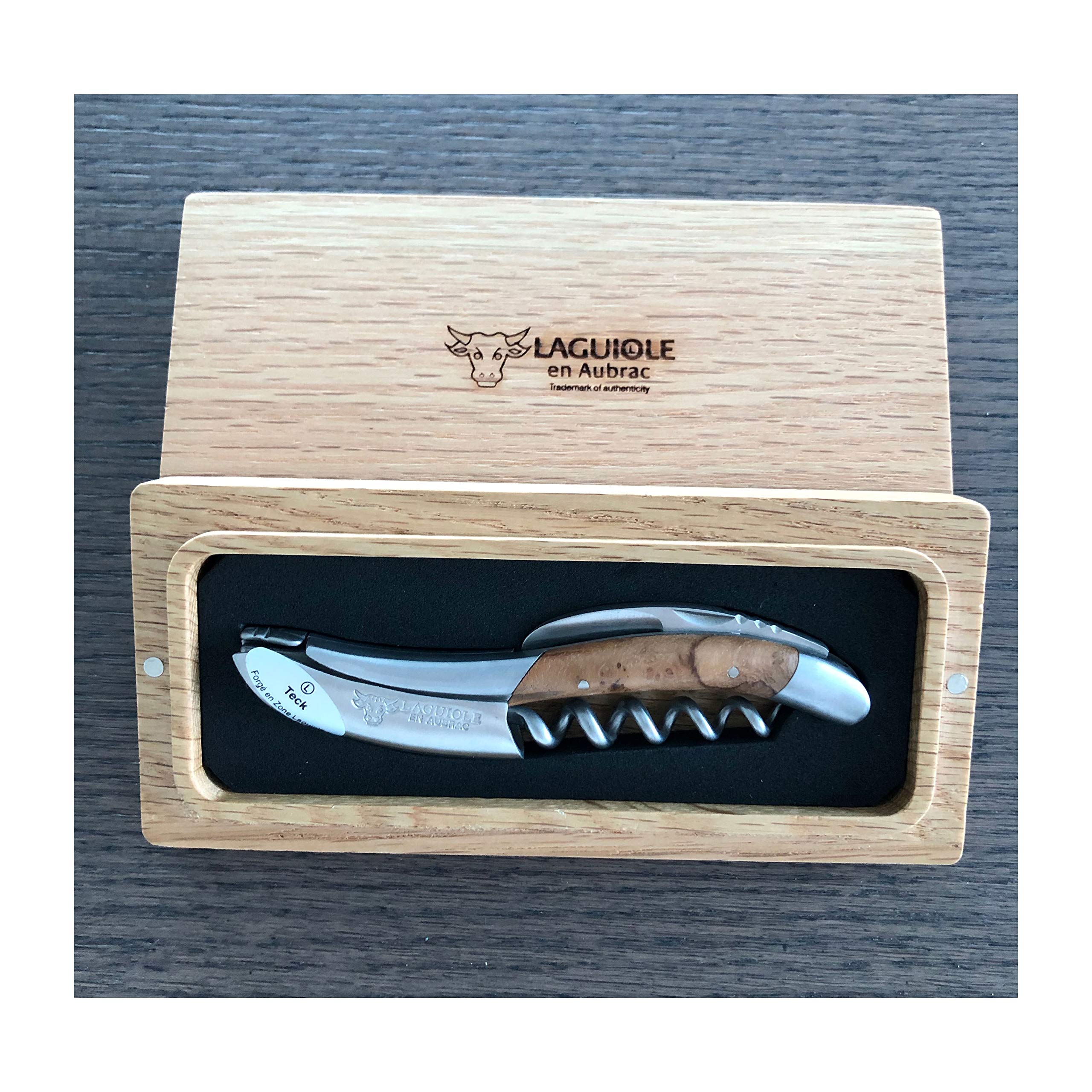 Premium Laguiole En Aubrac Sommelier Waiter's Corkscrew - Teak Burl Wood Handle Wine Opener with Foil Cutter & Bottle Opener - Stainless Steel Brushed Bolsters - Perfect for Restaurants, Wine Bars & Home Entertaining