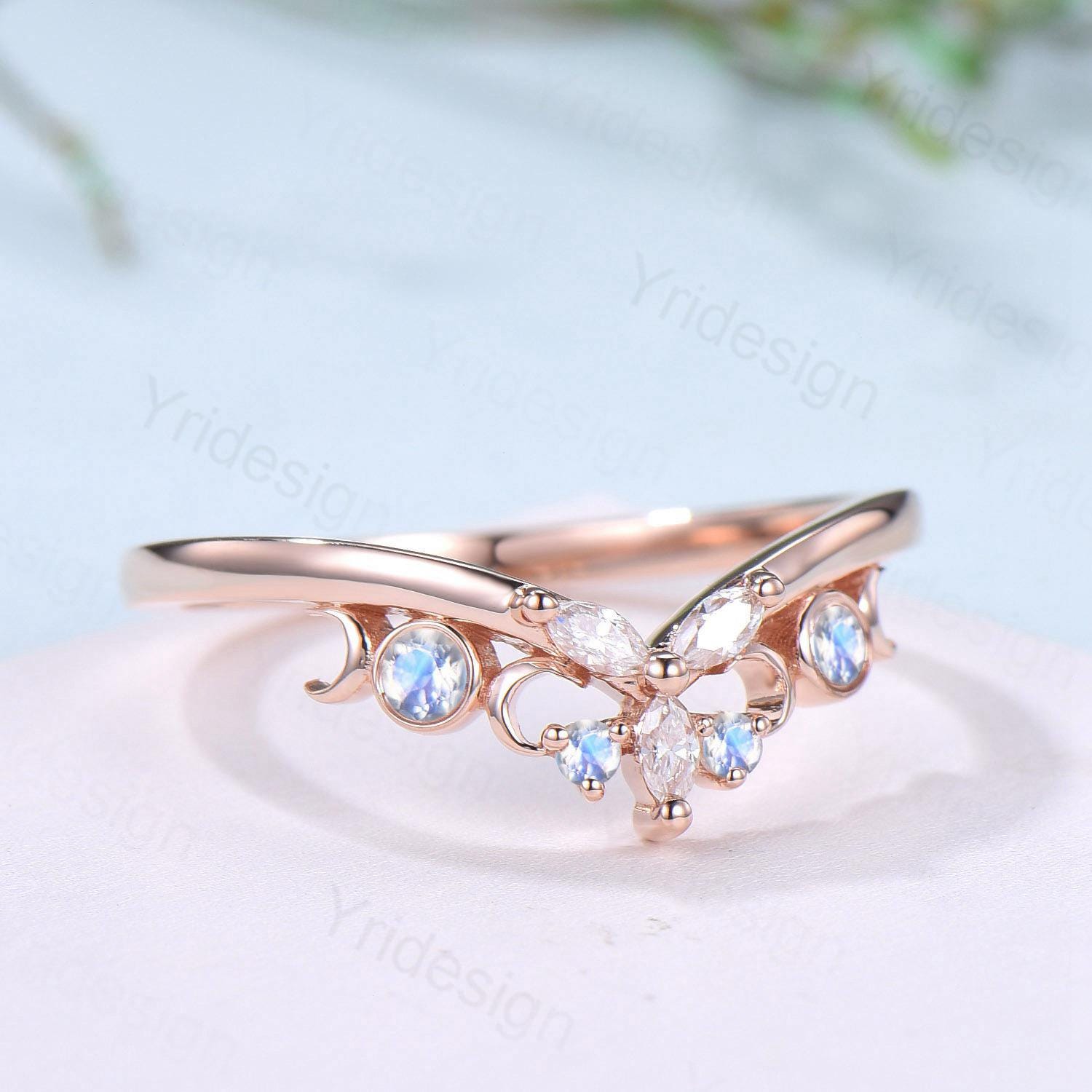 14K Rose Gold Curved Moonstone Wedding Band with Celtic Knot Design - Marquise Cut Unique Stacking Ring for Women, Promise & Anniversary Gift - Perfect for Bridal Jewelry, Stacking Bands & Special Occasions