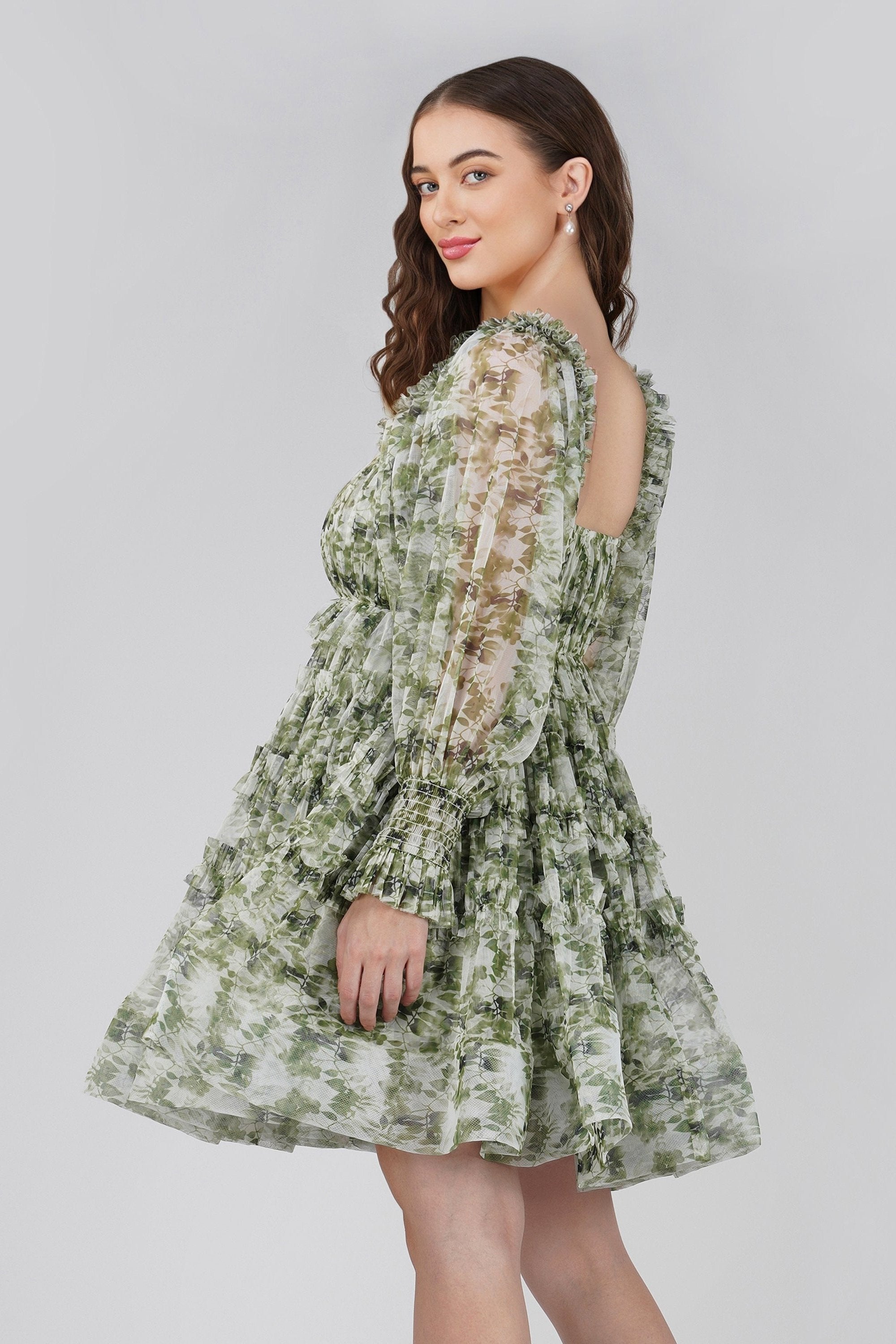 Elegant Petite Jessica Green Print Tulle Dress for Weddings & Special Occasions | Flowy A-Line Formal Gown