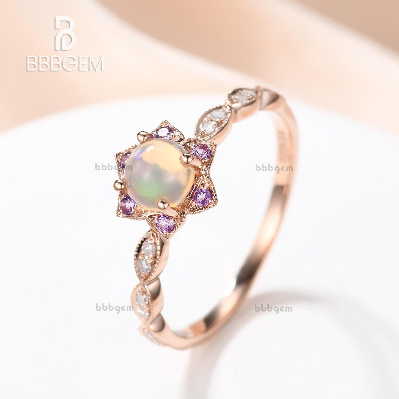 0.5 Carat Round Cut Opal & Amethyst Halo Engagement Ring in Rose Gold - Elegant Dainty Jewelry for Wedding, Proposal & Anniversary Gifts
