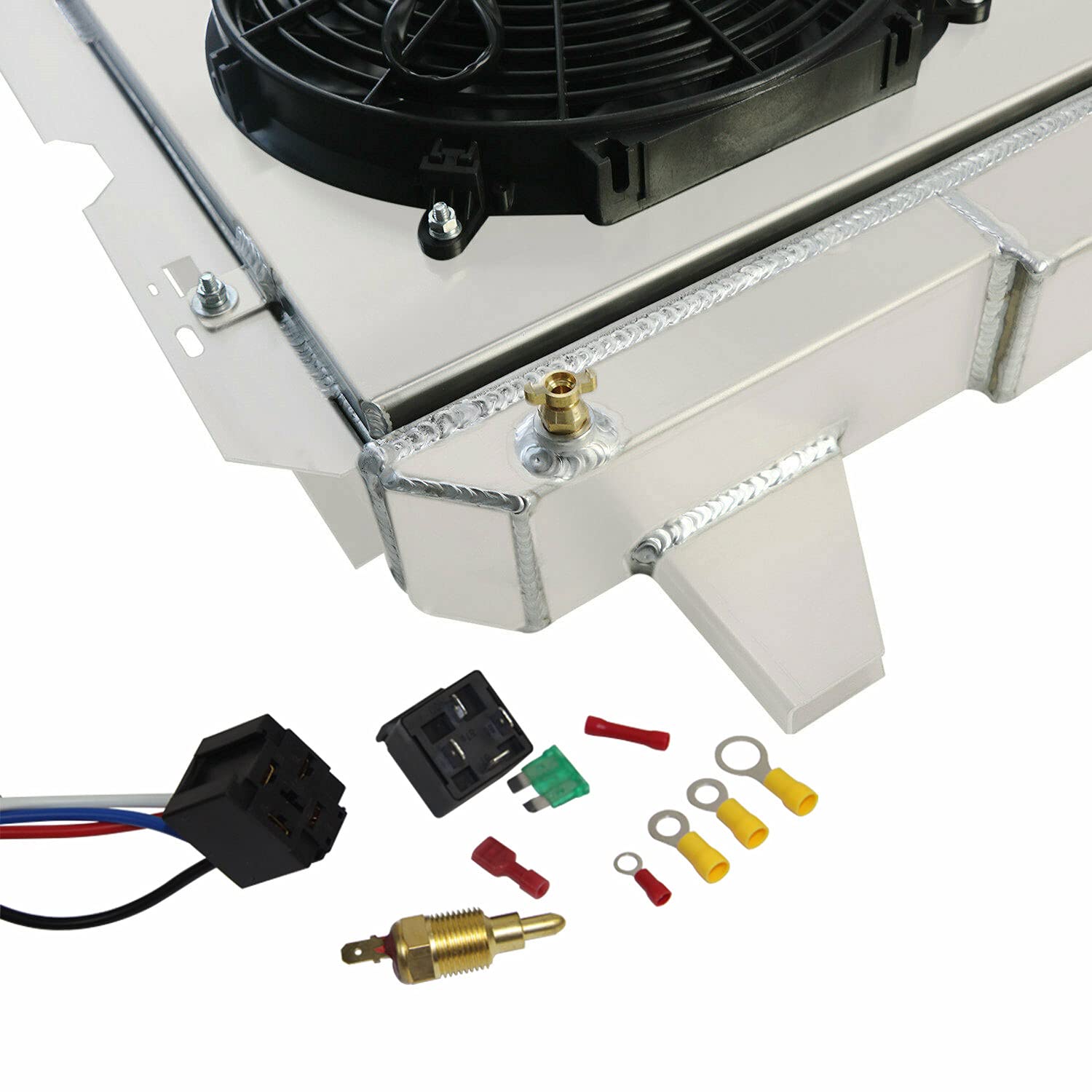 3 Row Aluminum Radiator Shroud Fan Relay Kit for 1985-1997 Ford Bronco F150 F250 F350 Super Duty F53 with 5.0L 5.8L 7.3L V8 Engine - Heavy Duty Cooling Upgrade for Off-Road & Towing