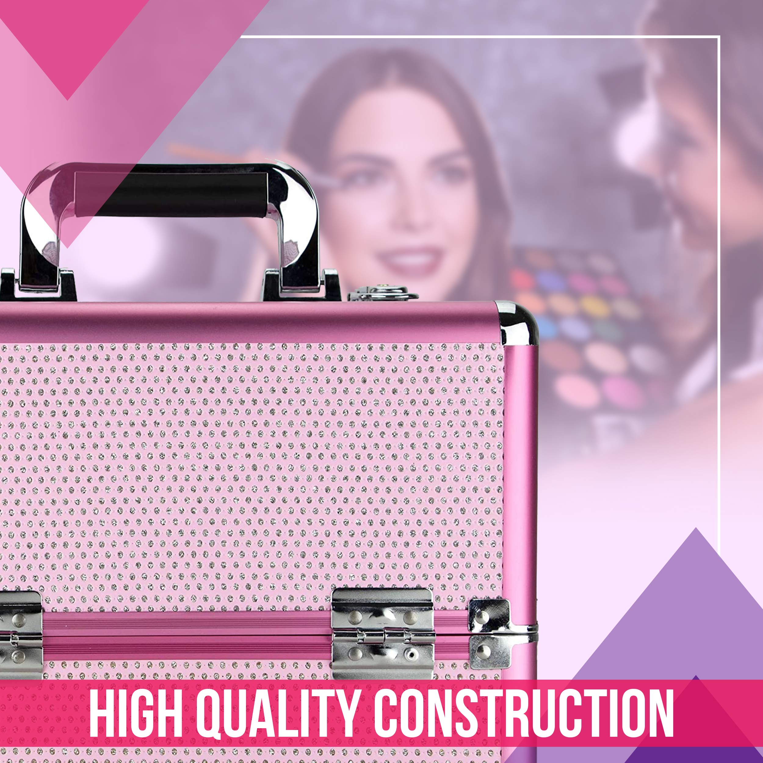 Ver Beauty Professional Makeup Case - 2 Tier Extendable Travel Makeup Organizer with Heavy Duty Construction, Pink Krystal Cosmetic Bag (VP009-43) | Perfect for Makeup Artists, Travel & Salon Storage