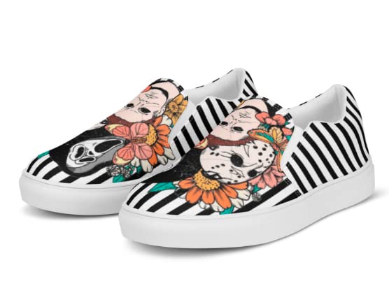 Horror Movie Themed Slip-On Canvas Shoes for Women - Halloween Costume Shoes, Handmade Jason & Freddy Krueger Inspired Sneakers - Perfect Gift for Horror Fans | Wear to Halloween Parties, Cosplay Events & Horror Conventions