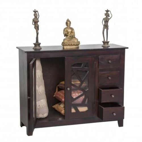 French Style Arched Glass Door Sideboard Cabinet - 1.3m Brown Wood Buffet Console Table for Dining Room, Living Room & Entryway Storage