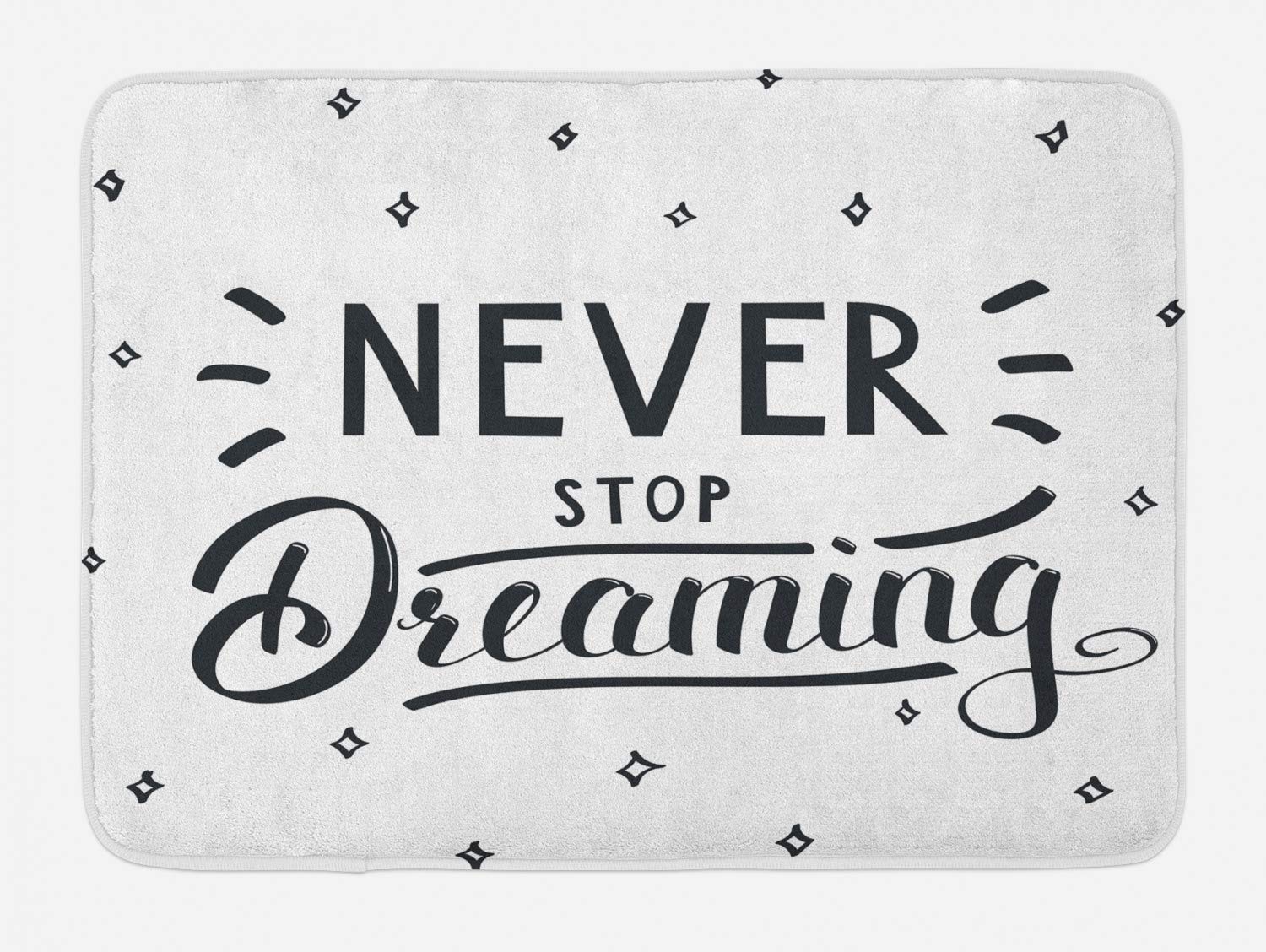 Ambesonne Inspirational Bath Mat - 'Never Stop Dreaming' Cursive Script, Non-Slip Plush Bathroom Rug, 30.2x20 Inches, Dark Night Blue & White - Perfect for Modern Home Decor & Spa-Like Bathroom Experience