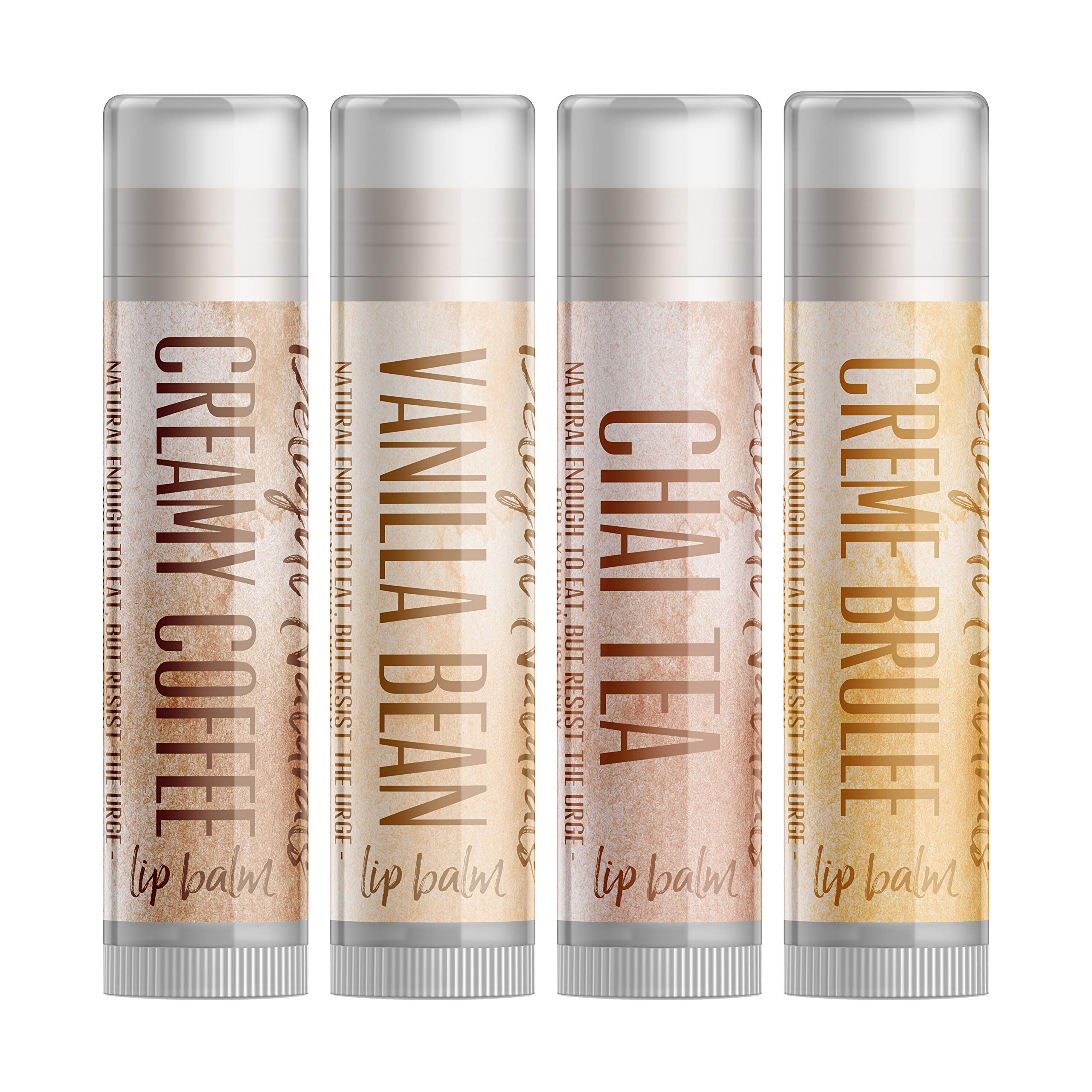 Premium Coffee House Lip Balm Gift Set - Creamy Coffee, Chai Tea, Creme Brulee & Vanilla Bean Flavors | Hydrating Moisturizing Lip Care for Dry Lips | Perfect Gift for Coffee Lovers, Birthday & Holidays
