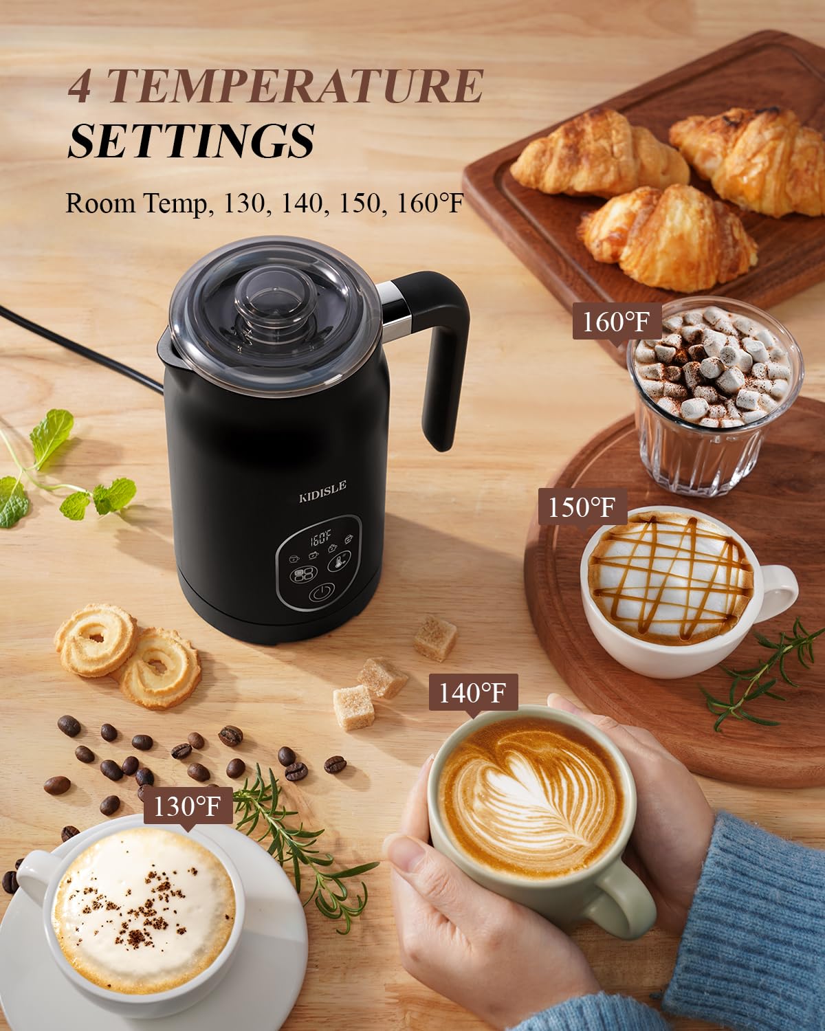 4-in-1 Electric Milk Frother with Temperature Control - Automatic Warm & Cold Foam Maker for Coffee, Latte, Cappuccino - Perfect for Home Baristas & Coffee Shops