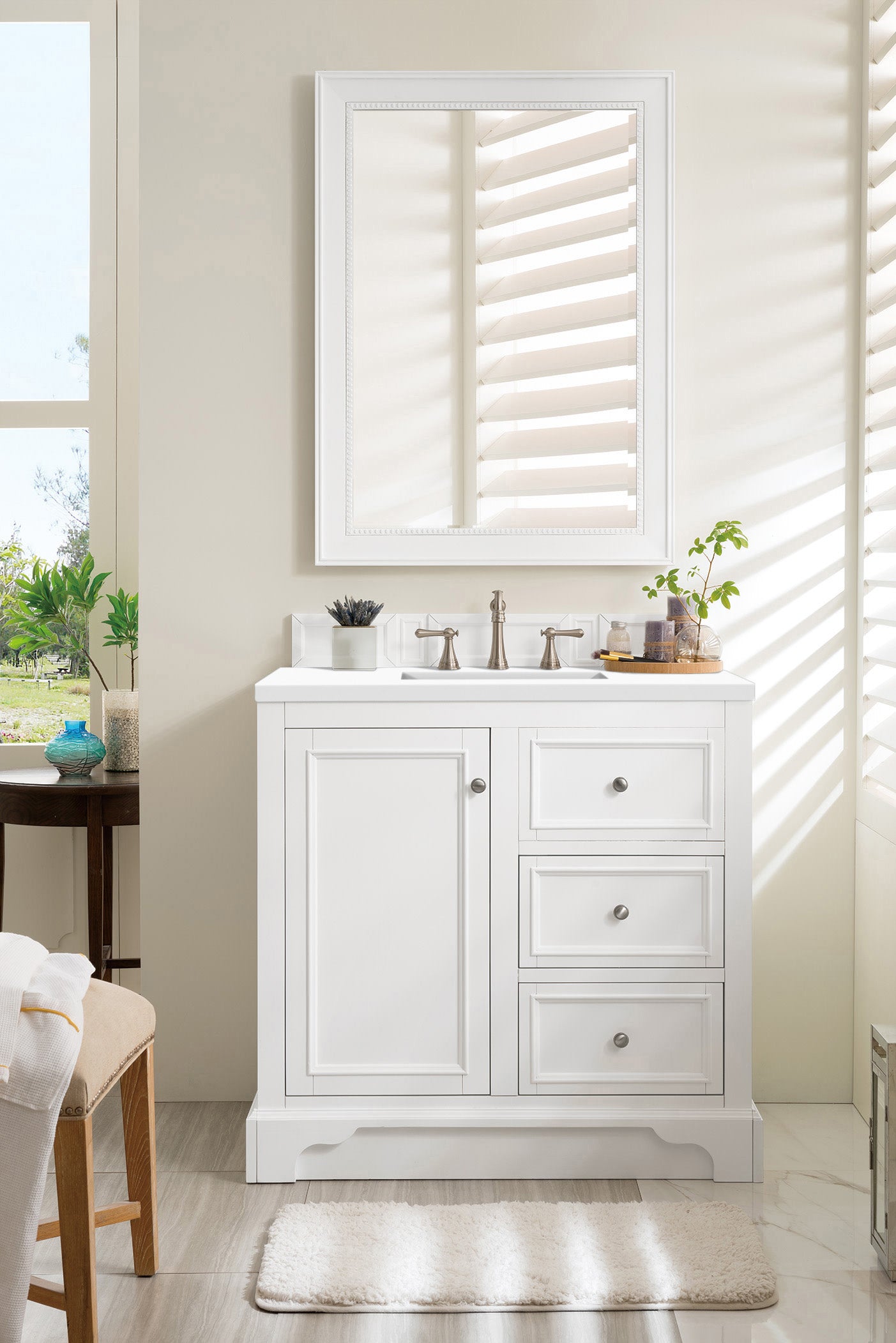 De Soto 36 Inch Single Bathroom Vanity Set with White Zeus Quartz Countertop - Bright White Finish, Modern Sink Cabinet for Small Bathrooms & Powder Rooms