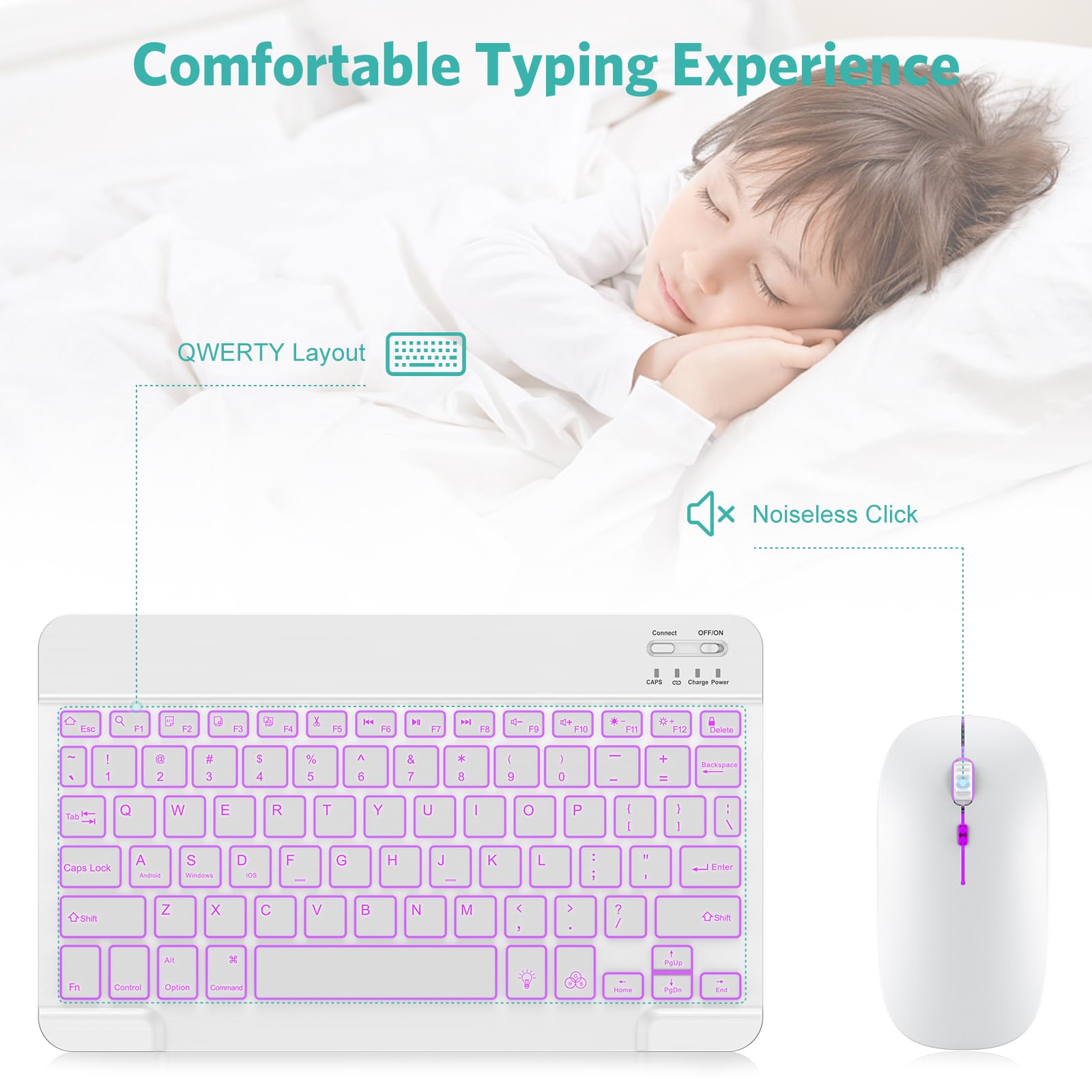 TECURS Wireless Bluetooth Keyboard and Mouse Combo - 7-Color Backlit Rechargeable for iPad 10th/9th/8th Gen, iPad Pro/Air/Mini (iPadOS 13+) - White Grey - Perfect for Home Office, Remote Work & iPad Productivity