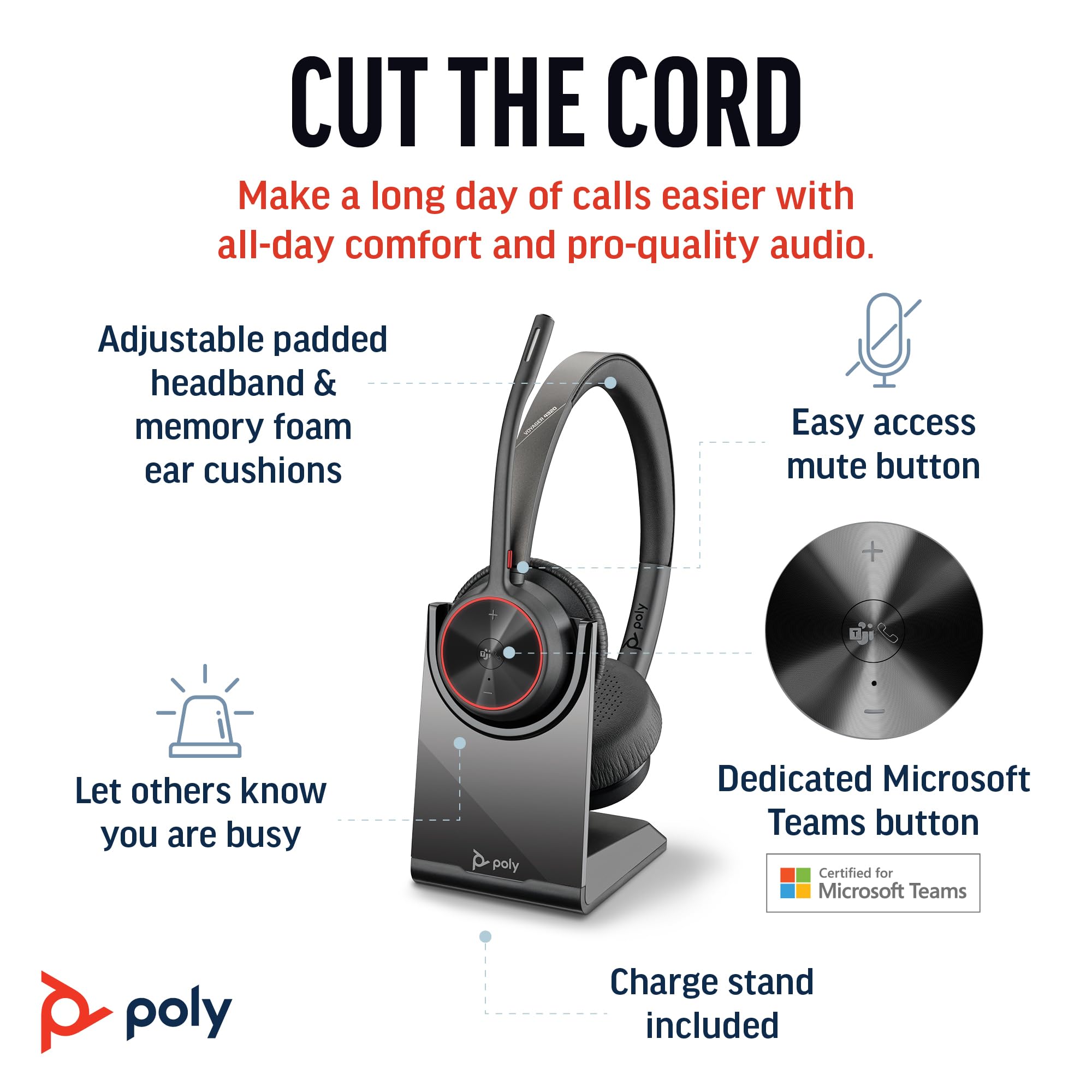 Poly Voyager 4320 UC Wireless Headset with Charge Stand - Noise-Canceling Stereo Headphones with Boom Mic for PC, Mac & Mobile - Bluetooth Compatible for Teams, Zoom & Video Calls - Home Office & Remote Work Headset (Amazon Exclusive)