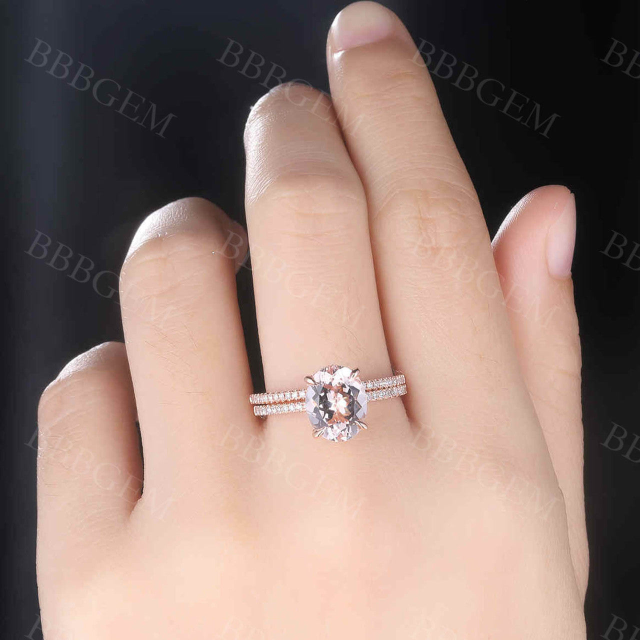 Rose Gold Morganite & Diamond Wedding Ring Set - 7x9mm Oval Art Deco Stacking Band in 14K/18K Gold - Perfect for Engagement, Anniversary & Bridal Jewelry Gifts