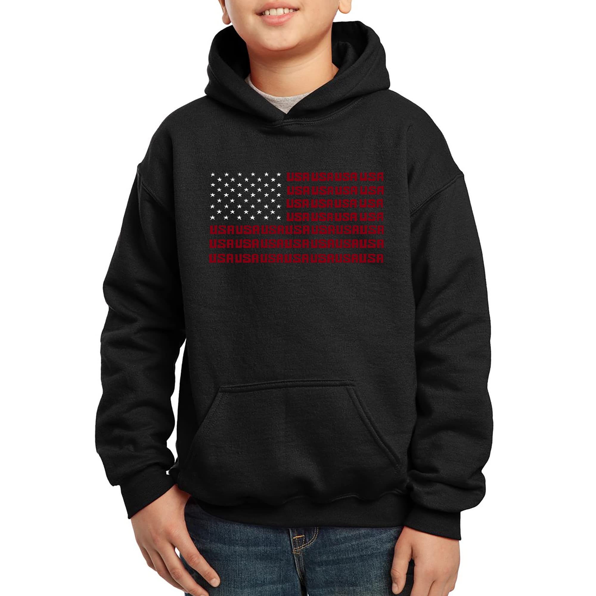 LA POP ART Boys' Word Art Hooded Sweatshirt - Patriotic USA Flag Design | Comfortable Pullover for School, Sports & Casual Wear