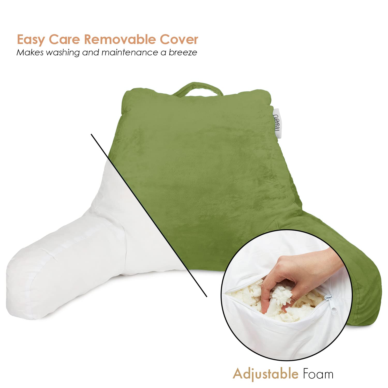 Nestl Reading Pillow with Memory Foam - Standard Bed Pillow for Back Support, Sitting in Bed & Chair - Green Backrest Pillow with Pockets - Perfect for Reading, Watching TV & Relaxing in Bed or Sofa