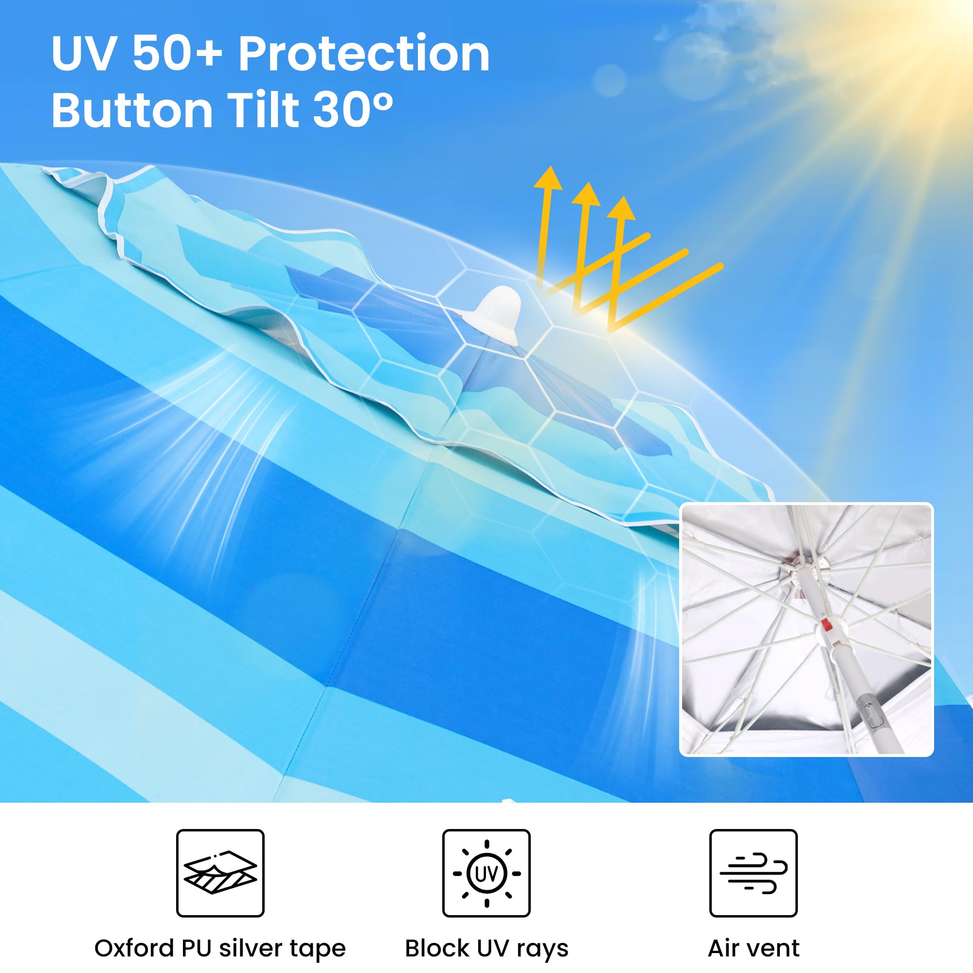 Grandekor 7FT Heavy Duty Windproof Beach Umbrella with Sand Anchor, UV 50+ Sun Protection, Portable Travel Umbrella with Carry Bag & Side Table - Perfect for Beach, Pool, Picnics, and Outdoor Adventures