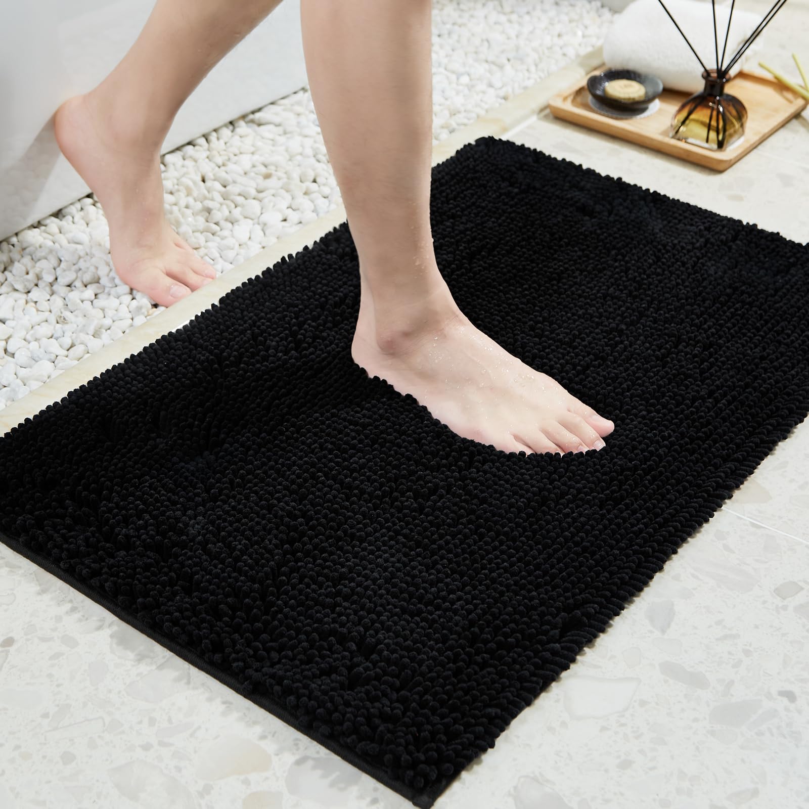 **TECHMILLY Soft Fluffy Chenille Bathroom Rugs - Non-Slip Absorbent Bath Mats for Bathroom, Washable & Quick Dry, Black, 17