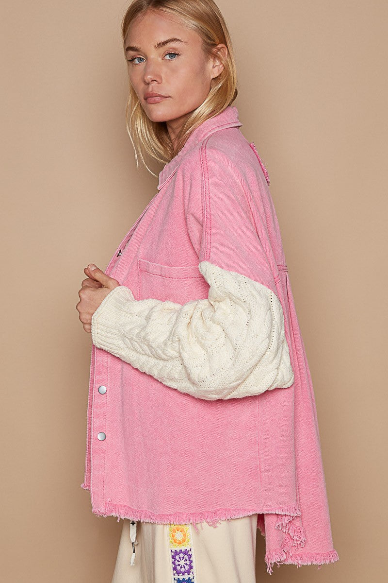 Stylish Contrast Sweater Sleeve Button Down Shacket Jacket for Men & Women | Cozy Fall & Winter Layering Essential | Perfect for Casual Outings, Office Wear & Outdoor Activities
