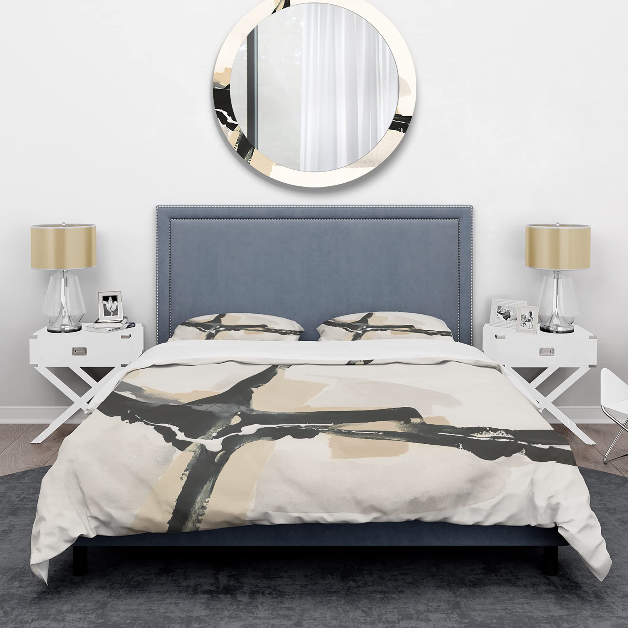 Creamy Tan Form II Modern & Contemporary Duvet Cover Set - Queen Size Black Abstract Bedding (3-Piece) | All-Season Luxury Bedding for Master Bedroom & Guest Room Decor