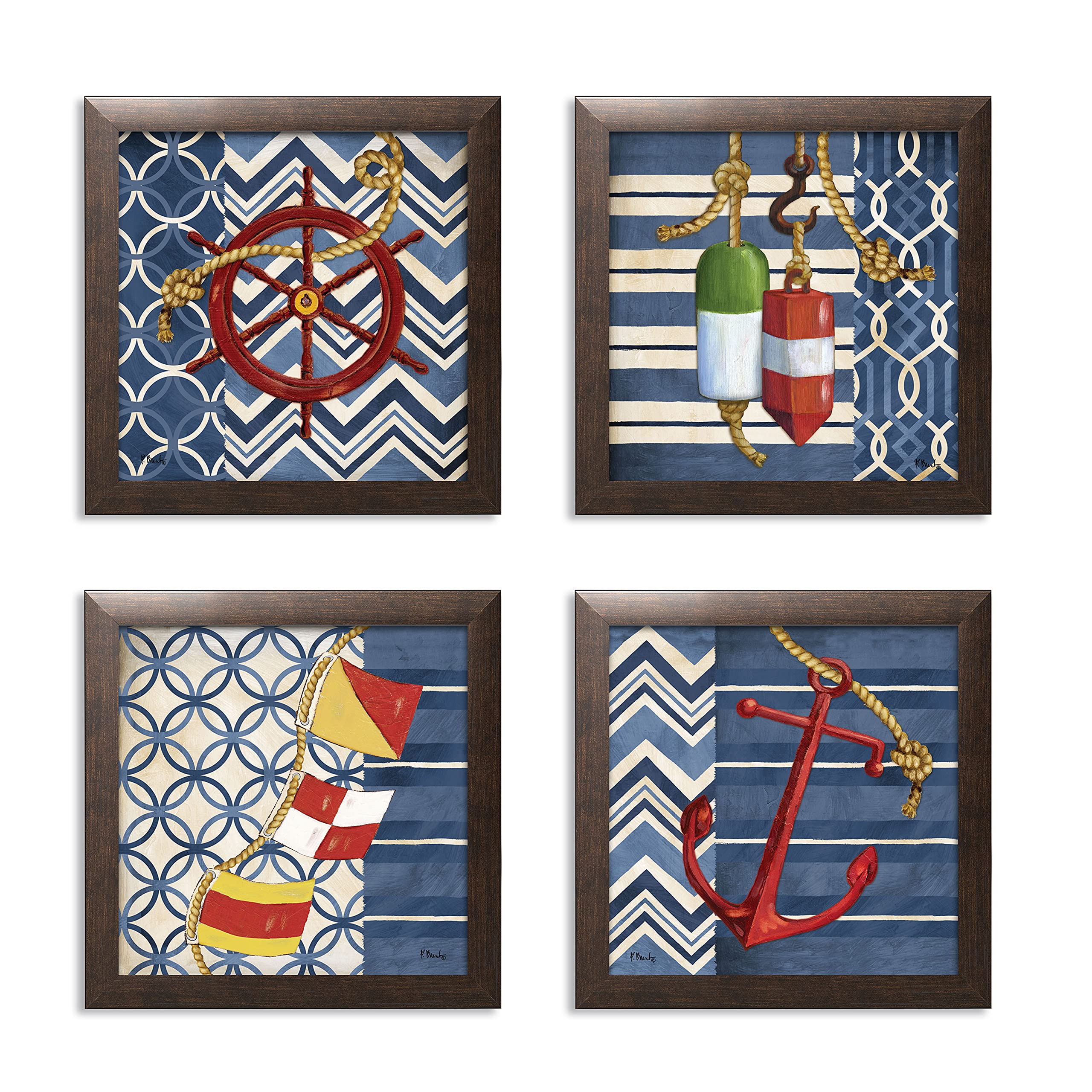 Coastal Anchor, Steering Wheel, Buoys & Nautical Flags Wall Art - Set of 4 (12x12 Inch) Brown Framed Prints - Ready to Hang Coastal Décor in Red, White & Blue - Perfect for Beach House, Nautical Theme Room or Boat Cabin Decor