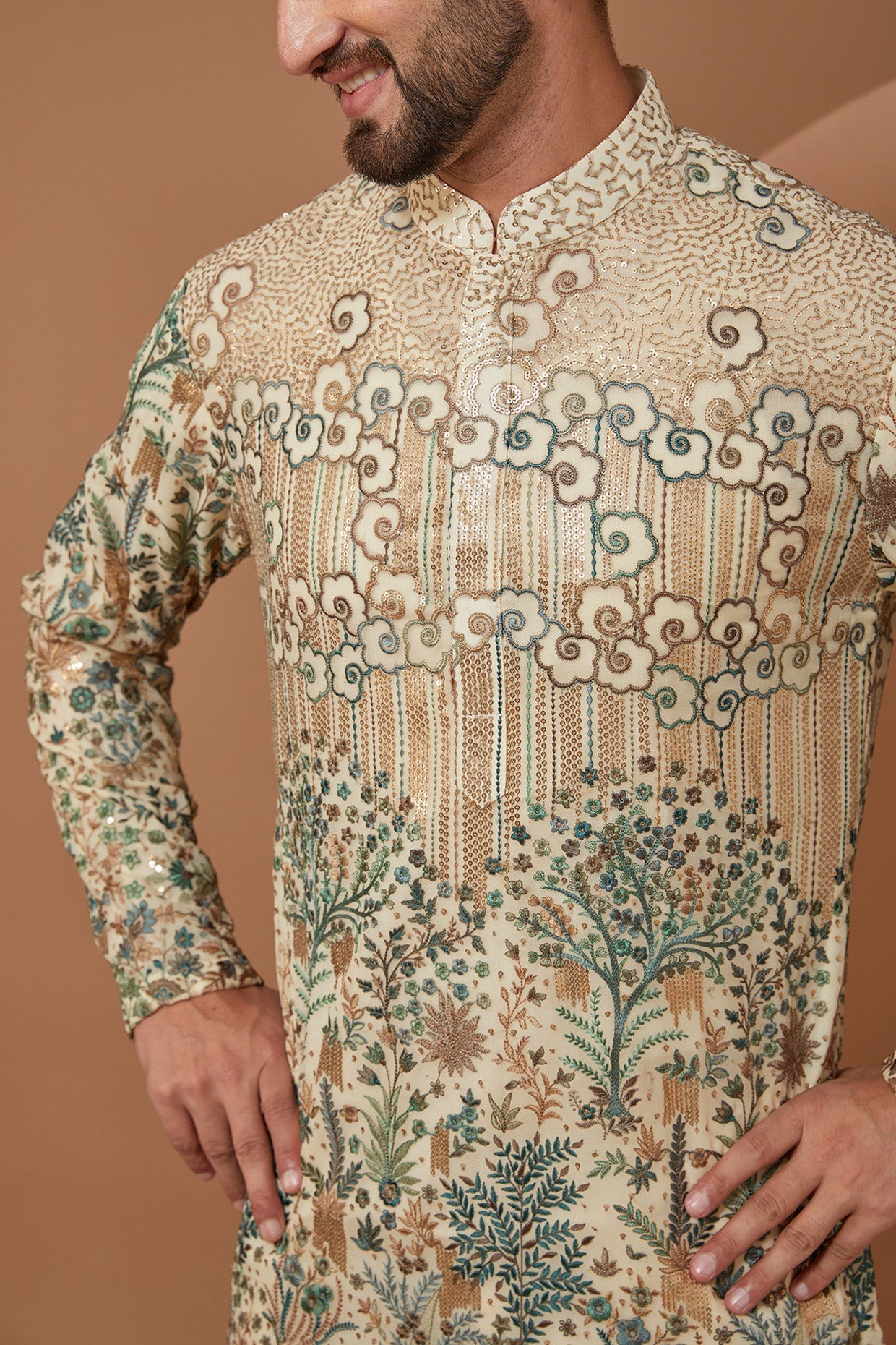 Exquisite Handmade Ivory Floral Kurta with Green & Gold Embroidery - Elegant Indian Ethnic Wear for Weddings & Festivals