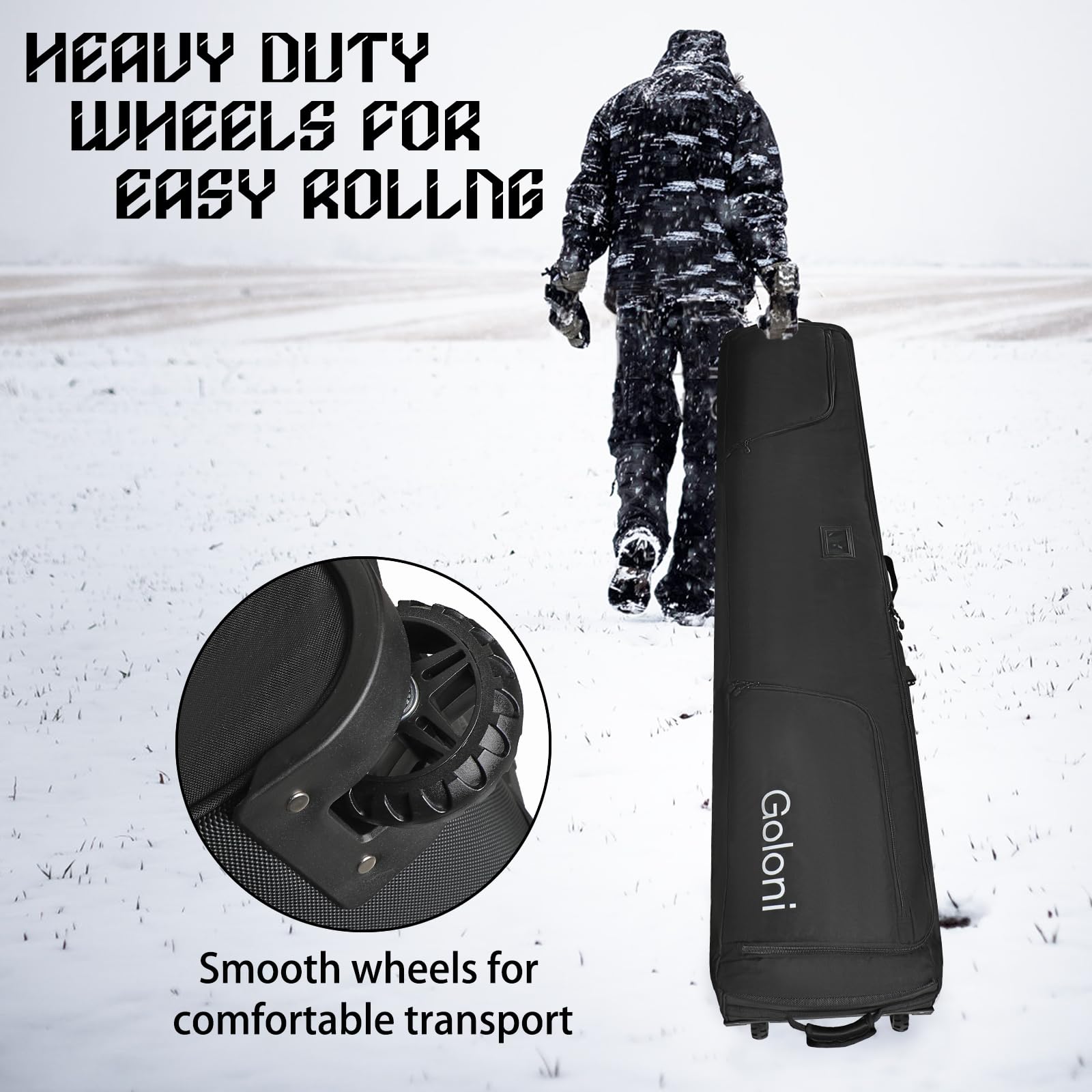 **Goloni Wheeled Ski Bag for Air Travel - Padded Snowboard Bag with 600D Waterproof Fabric, Foldable Design Fits 2 Pairs of Skis - Perfect for Winter Sports & Airplane Travel**
