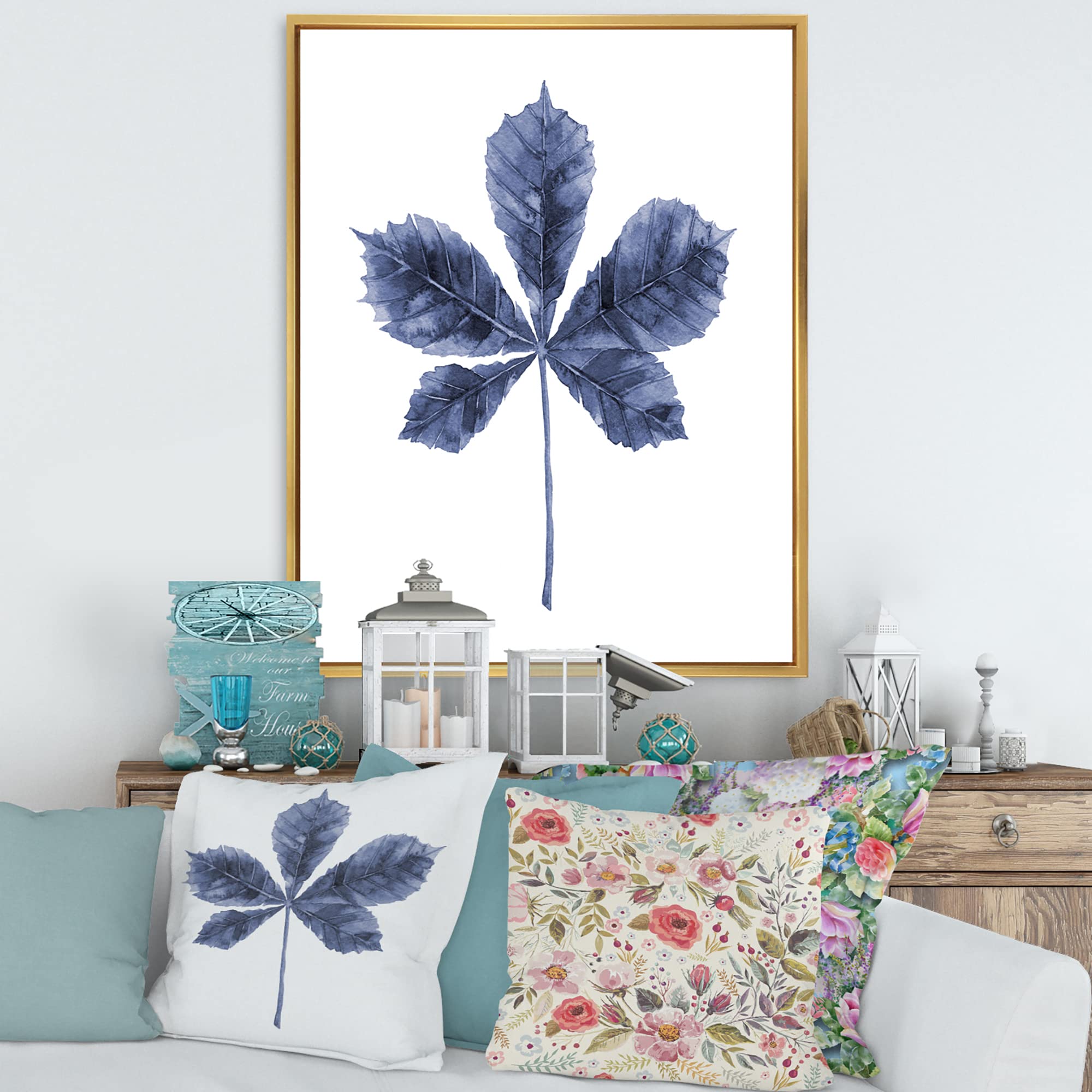 Navy Blue Chestnut Leaf Framed Canvas Wall Art Print - Traditional Home Decor for Living Room, Bedroom & Office