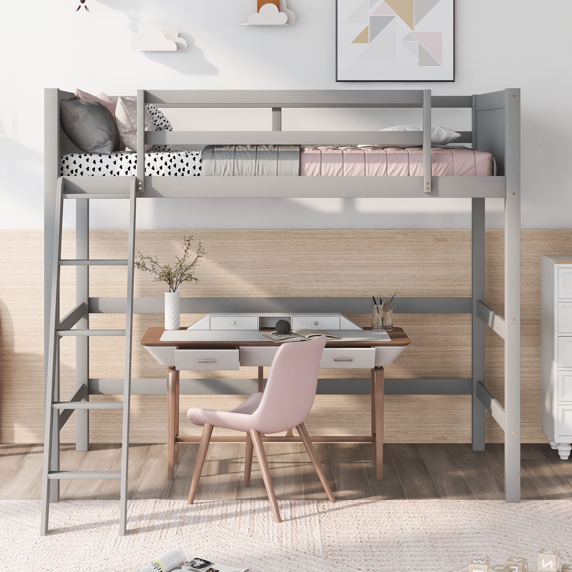 Harper & Bright Designs Twin Size Wooden Loft Bed with Ladder - Sturdy Bed Frame for Kids, Teens & Adults in Gray - Perfect for Small Spaces, Dorm Rooms & Kids' Bedrooms
