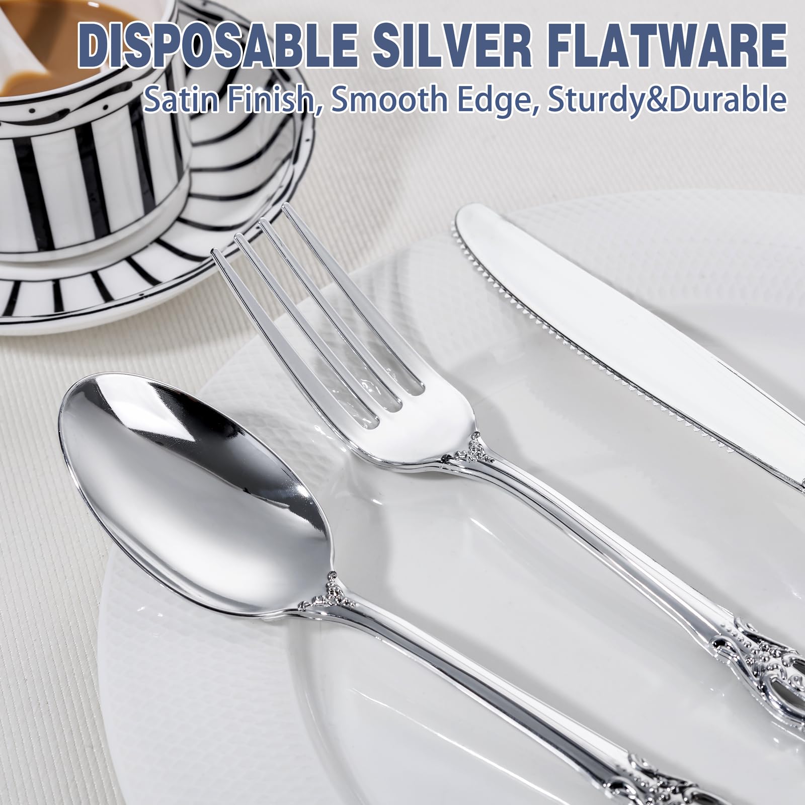 150-Piece Heavy Duty Silver Plastic Cutlery Set - Disposable Silverware Kit with 50 Forks, 50 Spoons & 50 Knives - Elegant Plastic Utensils for Catering, Parties, Weddings, Picnics & Outdoor Events