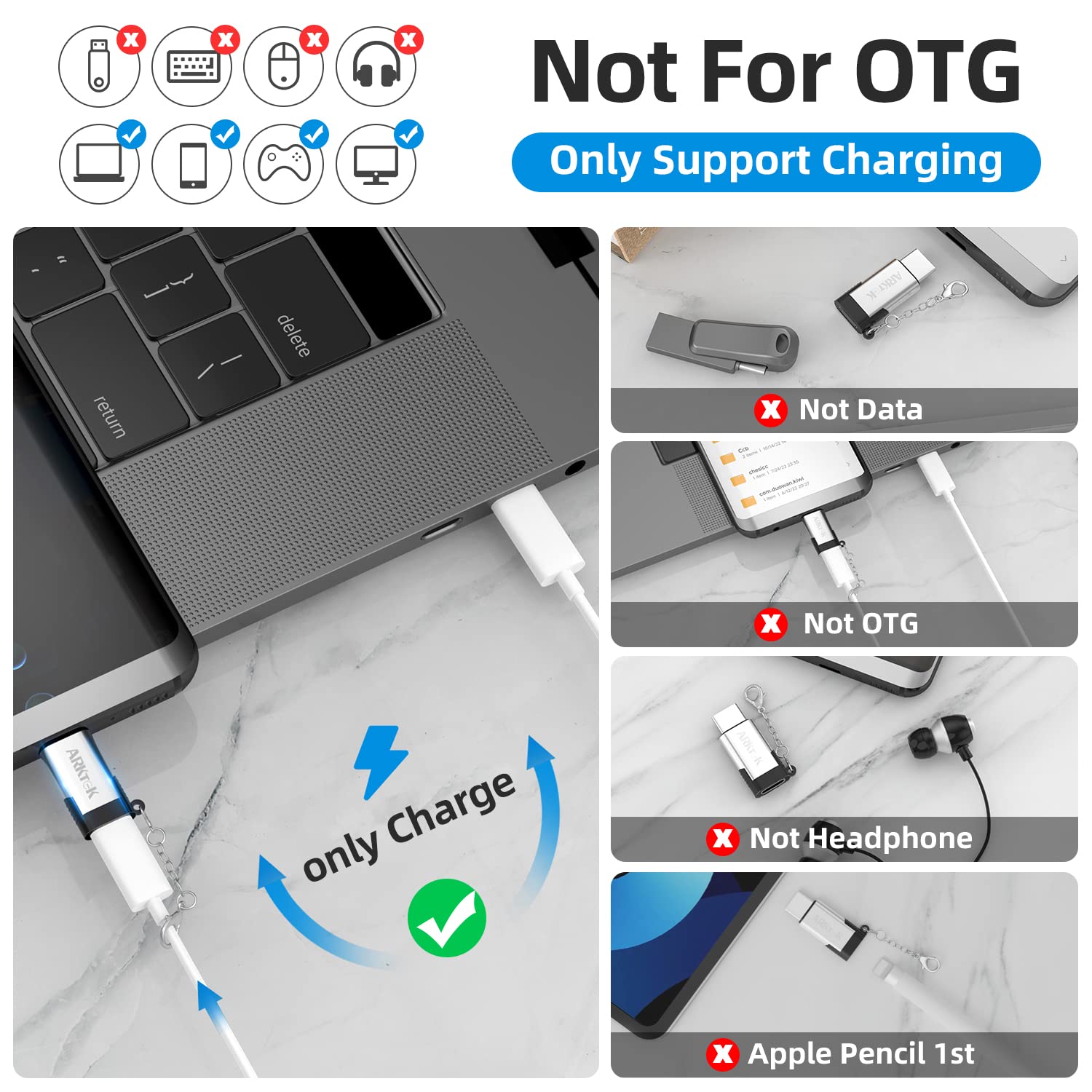 ARKTEK 60W USB C to Lightning Adapter - Fast Charging Female to Male Converter for iPhone 16/15 Series, Airpods Pro 4/2, Galaxy S24, Pixel 9 & More USB-C Devices | Perfect for Travel, Home & Office Charging