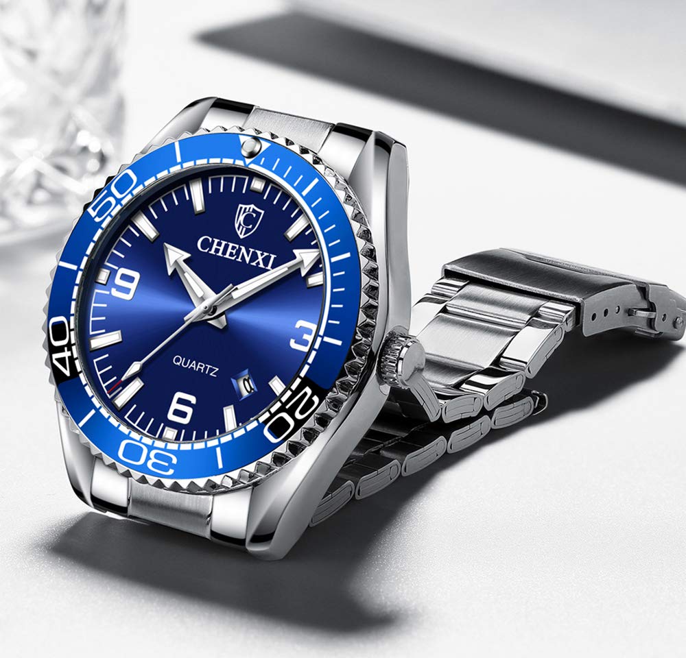 MASTOP Men's Rotating Bezel Business Wristwatch - Classic Silver Stainless Steel Waterproof Quartz Watch with Blue Dial - Perfect for Office, Formal Events & Everyday Wear