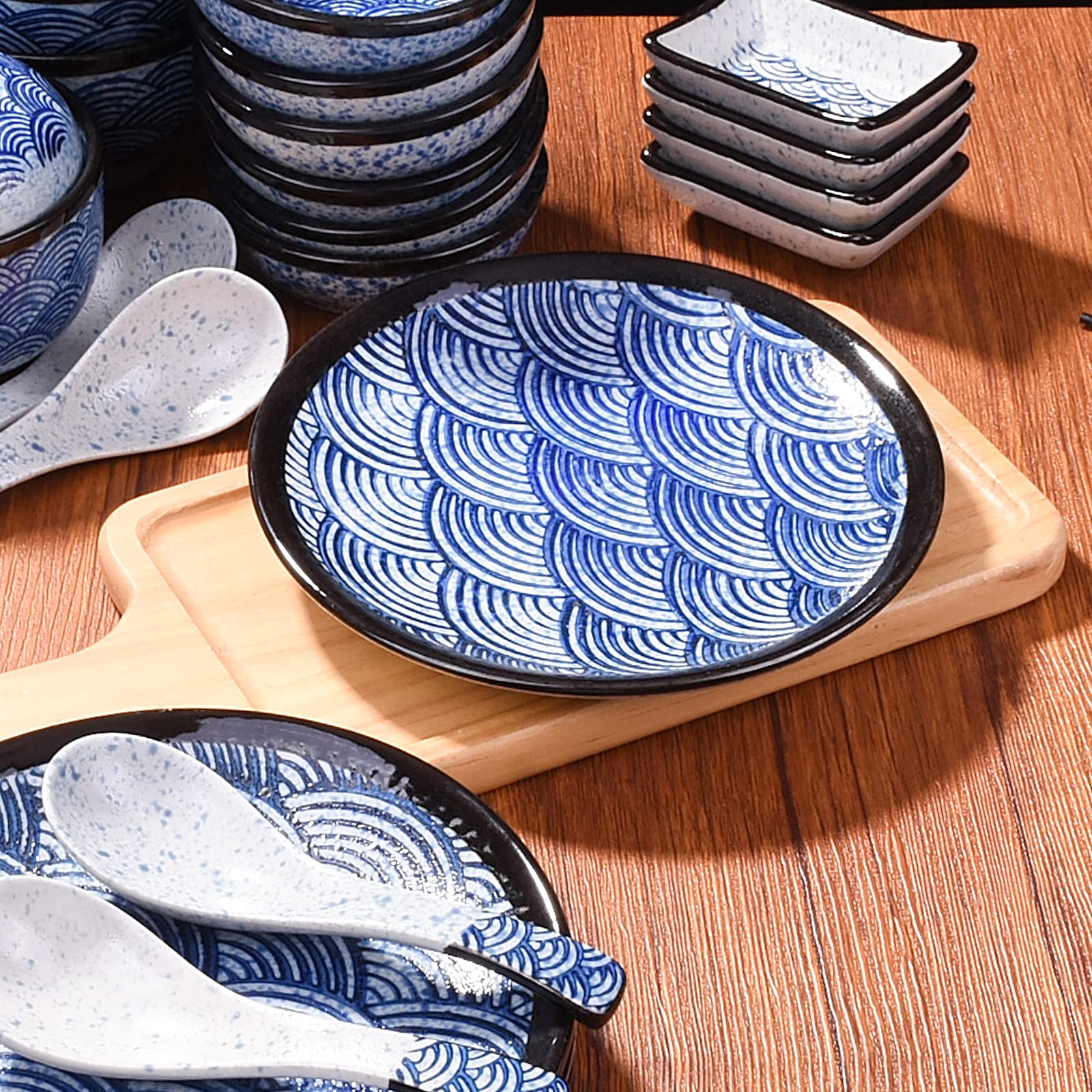 7 Inch Microwave & Dishwasher Safe Japanese Ceramic Plates - Set of 4 Blue Wave Pattern Dinner Plates for Salads, Pasta, Cheese, Ham & Antipasti | Perfect for Home Dining, Parties & Restaurant Use