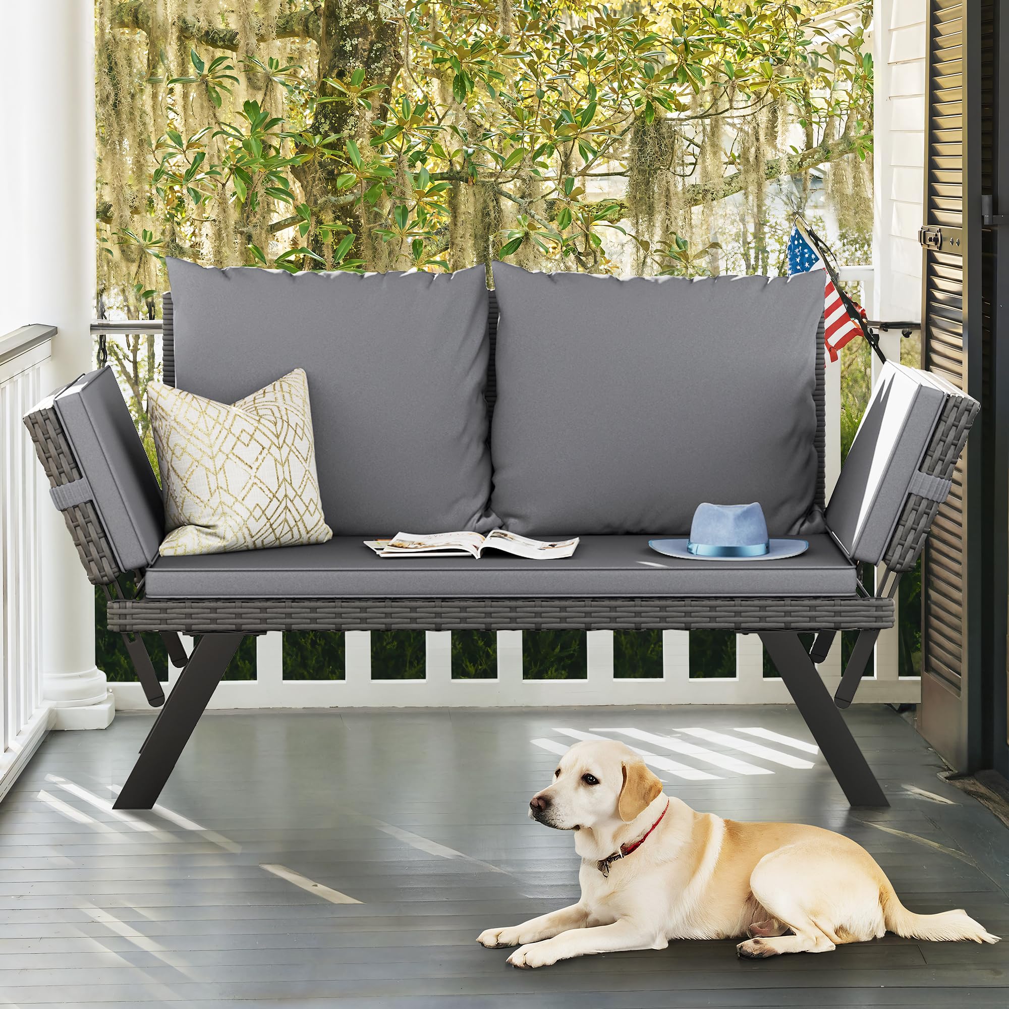 Flamaker Outdoor Convertible Sofa - Woven Rattan Patio Furniture Sunbed with Adjustable Armrests, Removable Cushions & Pillows - Perfect for Patio, Porch, Poolside Lounging (Grey Lounger & Grey Pillowcase) | Outdoor Relaxation, Backyard Decor, Sunbathing Furniture