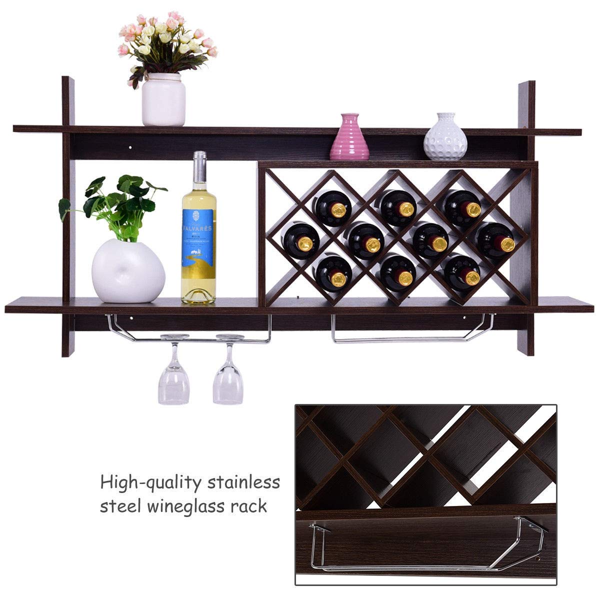 Sturdy Wall Mount Wine Rack with Glass Holder & Storage Shelf - Perfect for Kitchen, Dining Room, Bar, and Home Decor