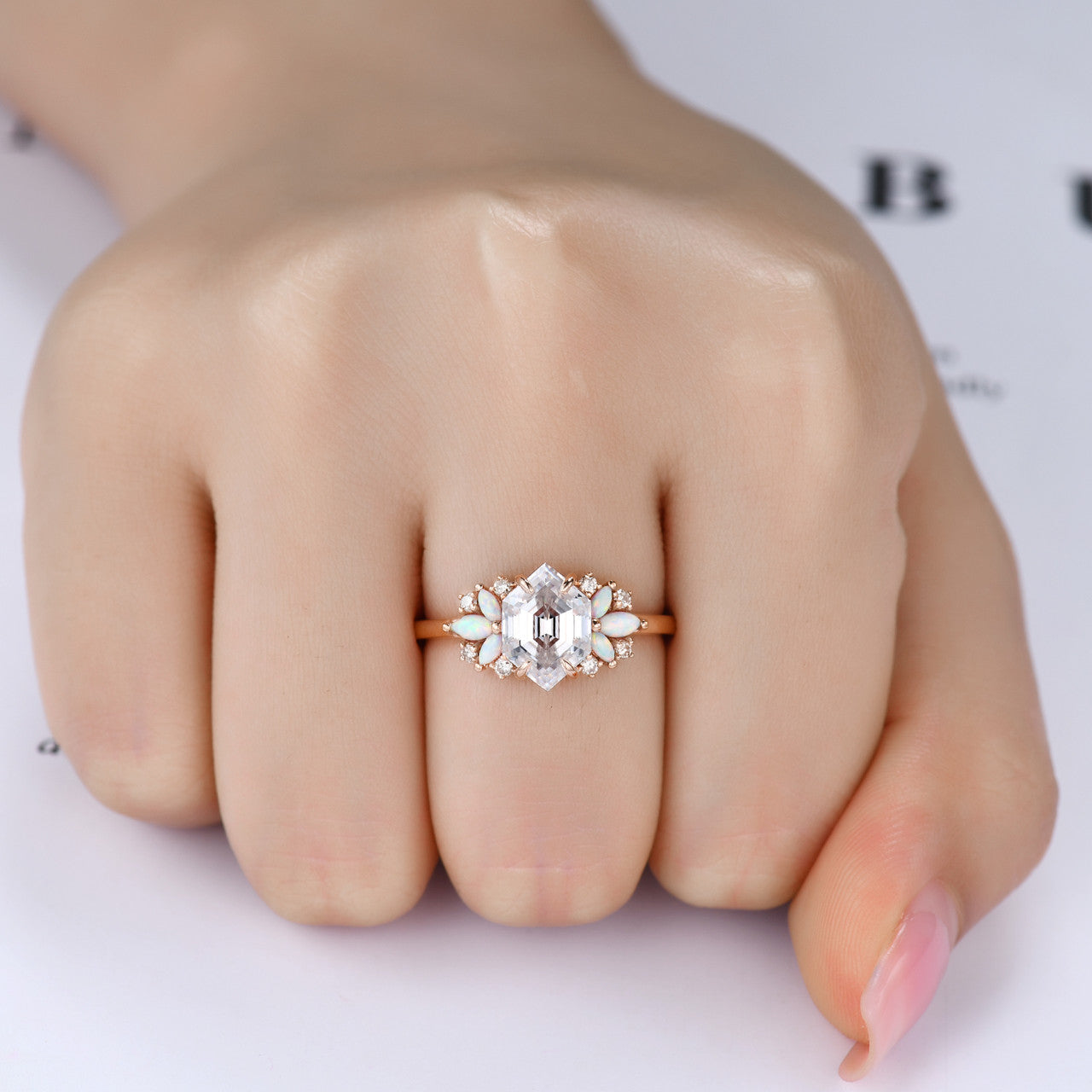Vintage Hexagon Cut Moissanite Opal Engagement Ring - Rose Gold Promise Ring for Women, Wedding, Proposal & Anniversary Gifts | Elegant Jewelry for Special Occasions
