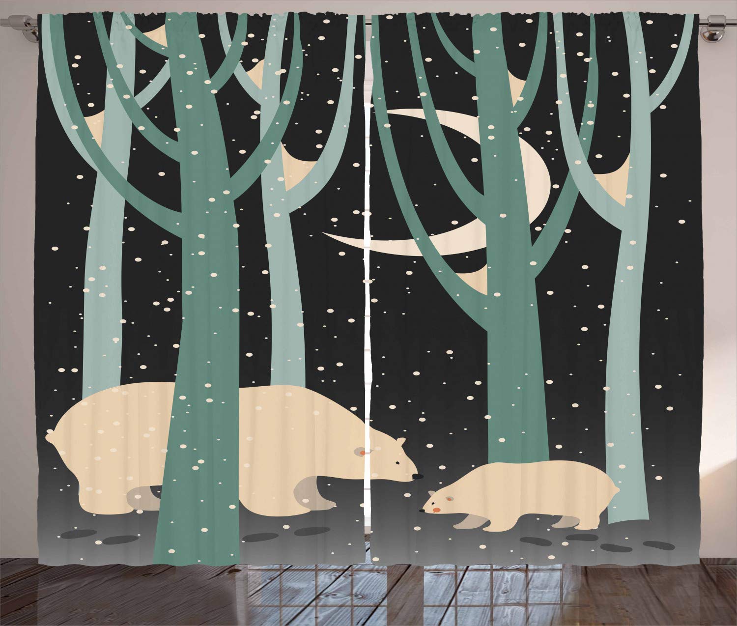 Ambesonne Cartoon Curtains - Mother Polar Bear and Cub in Winter Forest Snow Scene, Thermal Insulated Blackout Window Drapes for Living Room & Bedroom, 2 Panel Set (108
