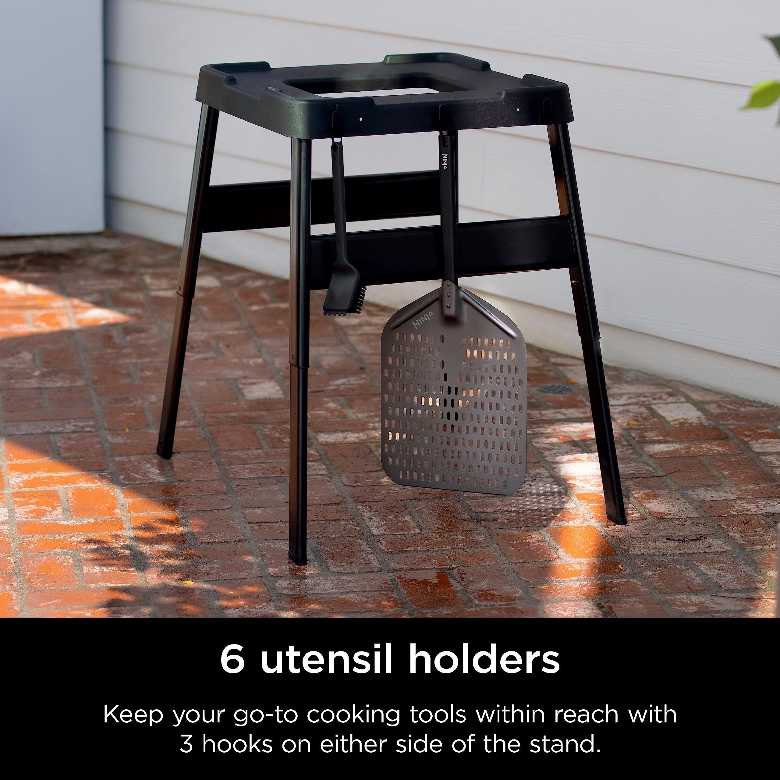 **Ninja XSKUNSTAND Outdoor Fire Pit Stand - Adjustable Height, Weather-Resistant Black Woodfire Stand with Utensil Holder & Side Table Compatibility (26