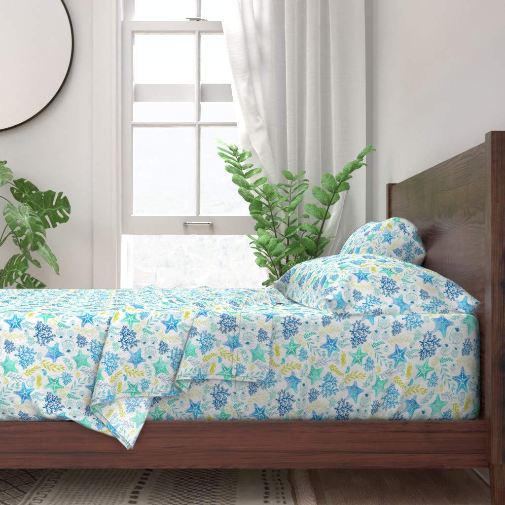 Premium 100% Cotton Twin 3-Piece Sheet Set - Undersea Blue Nautical Coral Starfish Ocean Beach Tropical Coastal Teal Print | Soft Breathable Bedding for Beach House, Coastal Decor & Summer Themed Rooms