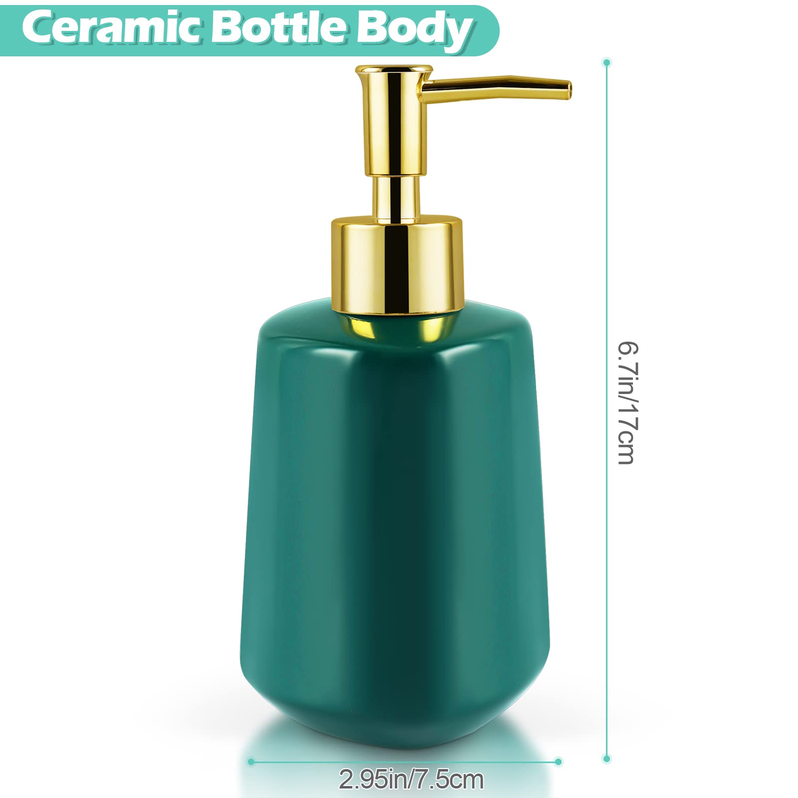 Ceramic Soap Dispenser for Kitchen & Bathroom - Refillable Dish Soap Dispenser, Hand Soap Bottle with Pump for Liquid Soap, Essential Oils & Lotion - Elegant Dark Green Home Decor for Sink Countertop & Vanity