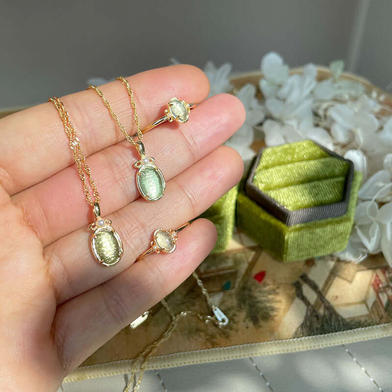 Natural Green Fluorite Gemstone Ring & Necklace Set | Healing Crystal Jewelry for Meditation & Energy Balance | GZ344