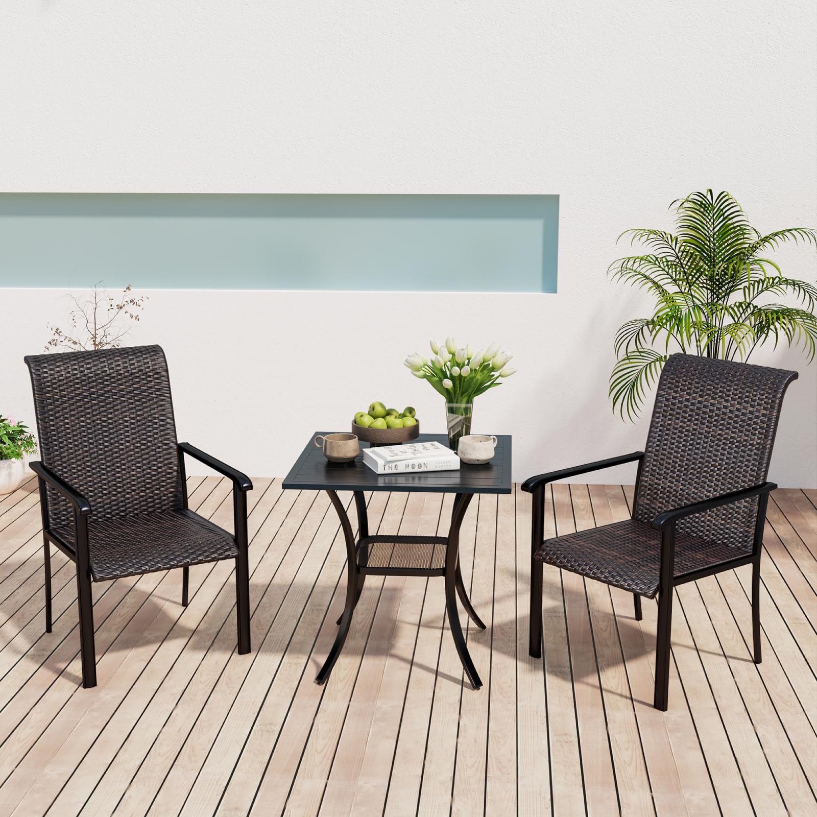 VICLLAX 3-Piece Outdoor Bistro Set - 2 Rattan Chairs & Metal Square Table - Perfect for Garden, Deck, Backyard, Balcony - Durable Patio Furniture for Dining & Relaxing
