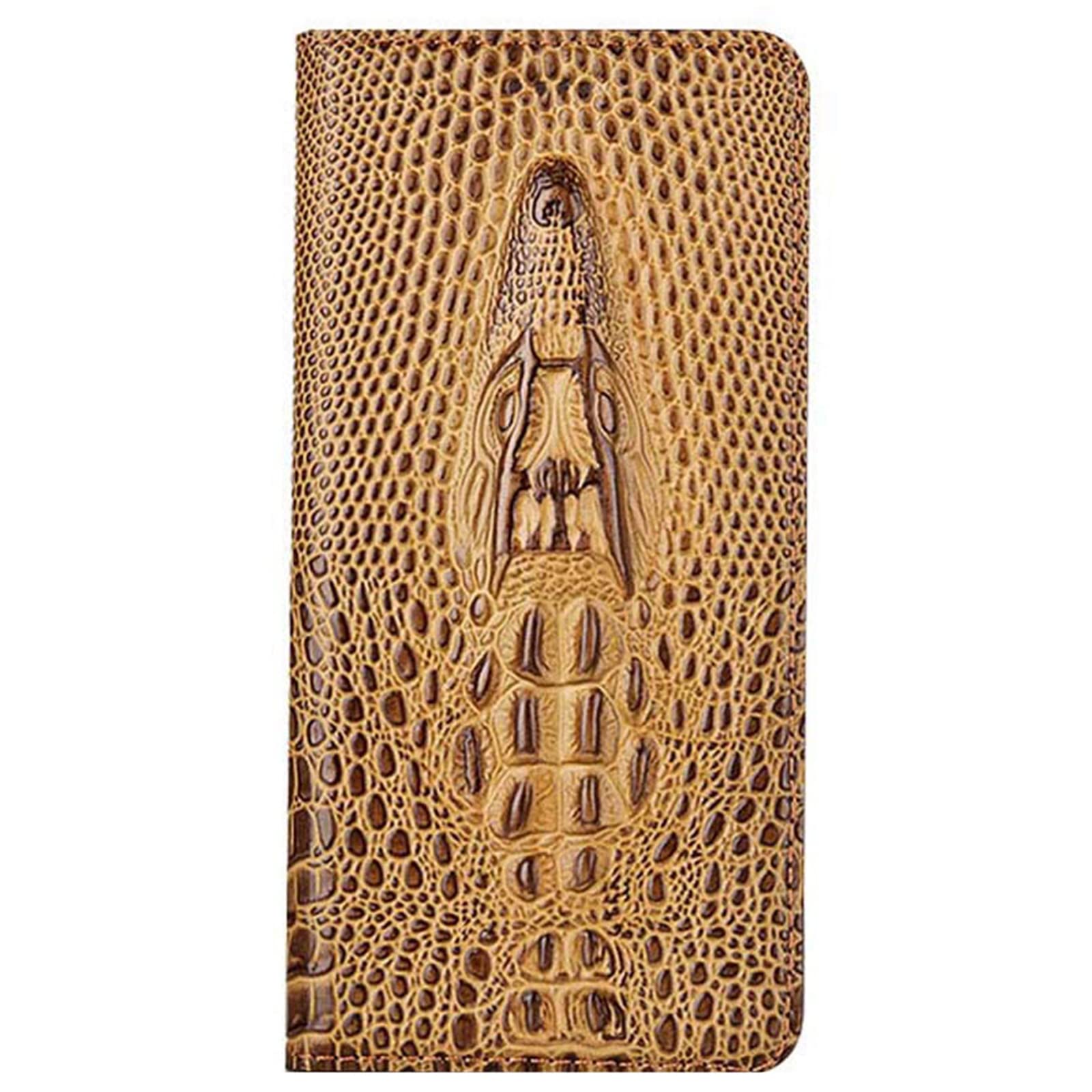 Premium Genuine Leather Wallet Case for Google Pixel 6/6 Pro - Crocodile Pattern with Card Slots, Kickstand & Magnetic Clasp | Shockproof TPU Protection | Brown (6.7
