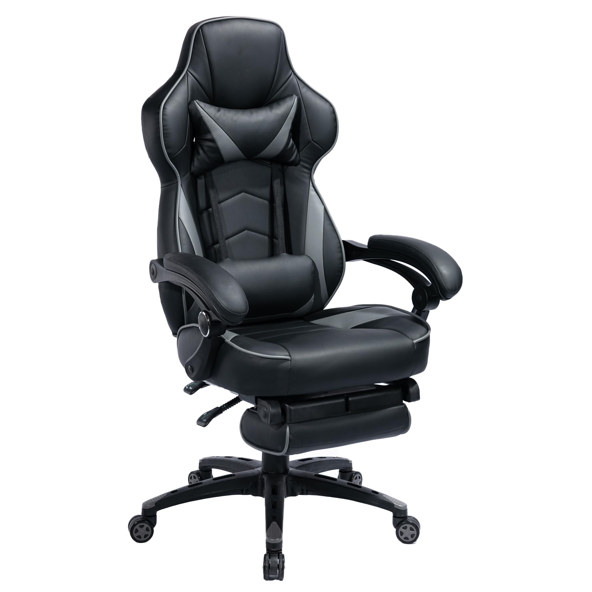 Premium High Back Ergonomic Racing Style Gaming Chair with Adjustable Lumbar Support & Headrest - Grey - Perfect for Office Work, PC Gaming & Home Theater Relaxation