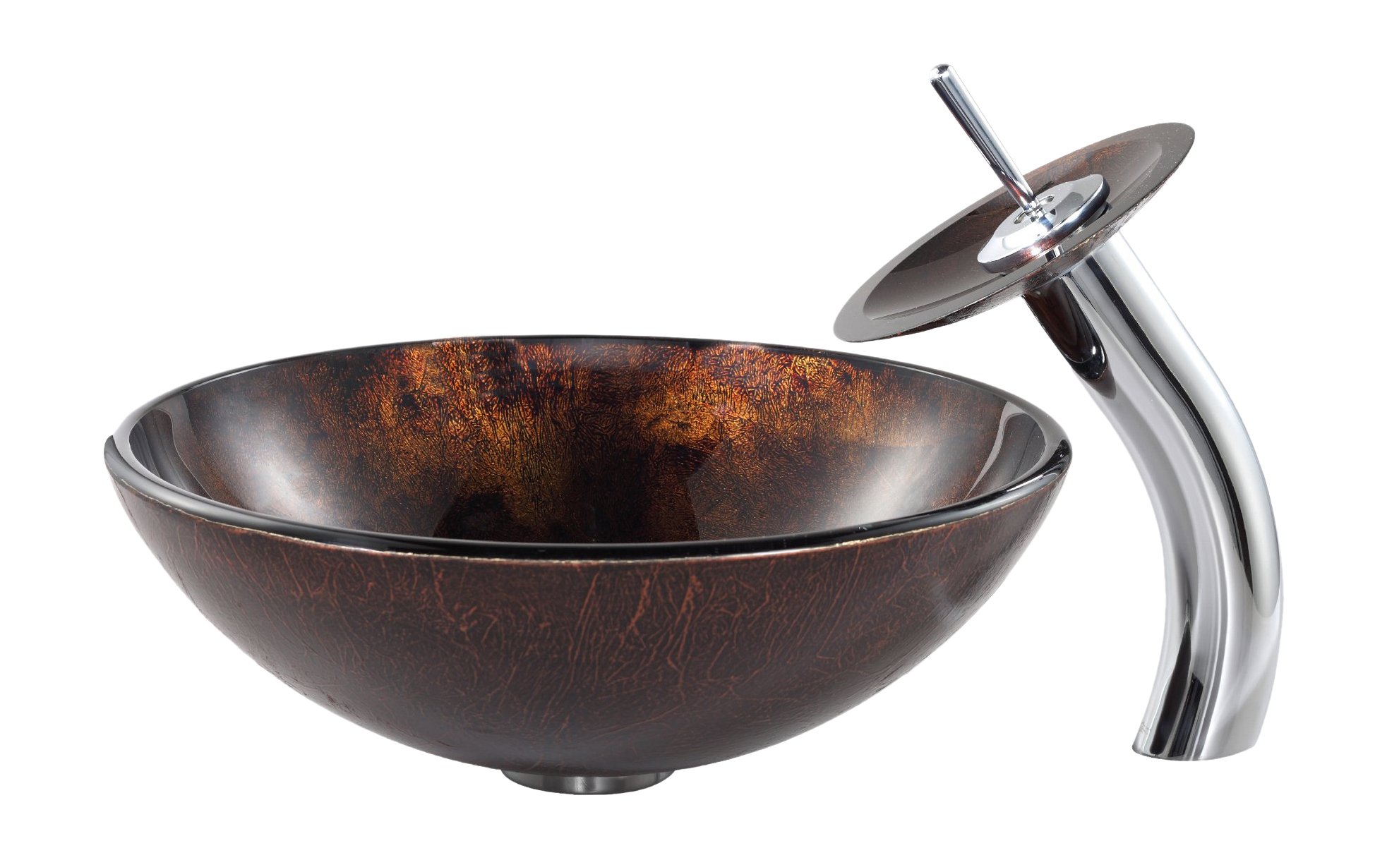 KRAUS Pluto Glass Vessel Bathroom Sink in Rich Brown with Chrome Waterfall Faucet - Modern Vanity Basin for Powder Room, Guest Bath, or Spa-Like Master Bath Retreat