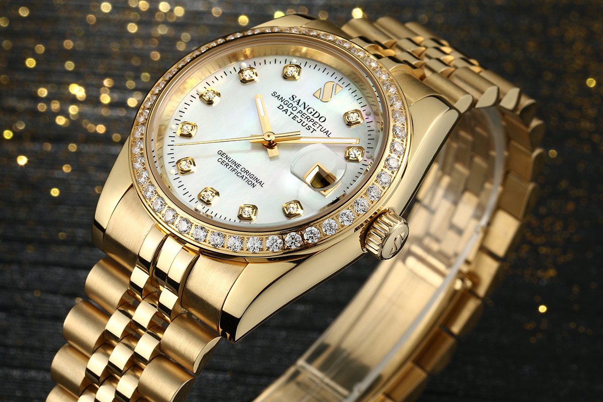 Gosasa Men's Luxury Automatic Mechanical Watch with Gold Crystal Accents - Stainless Steel Band, Waterproof, Elegant Gift for Family & Friends - Perfect for Business, Formal Events & Special Occasions