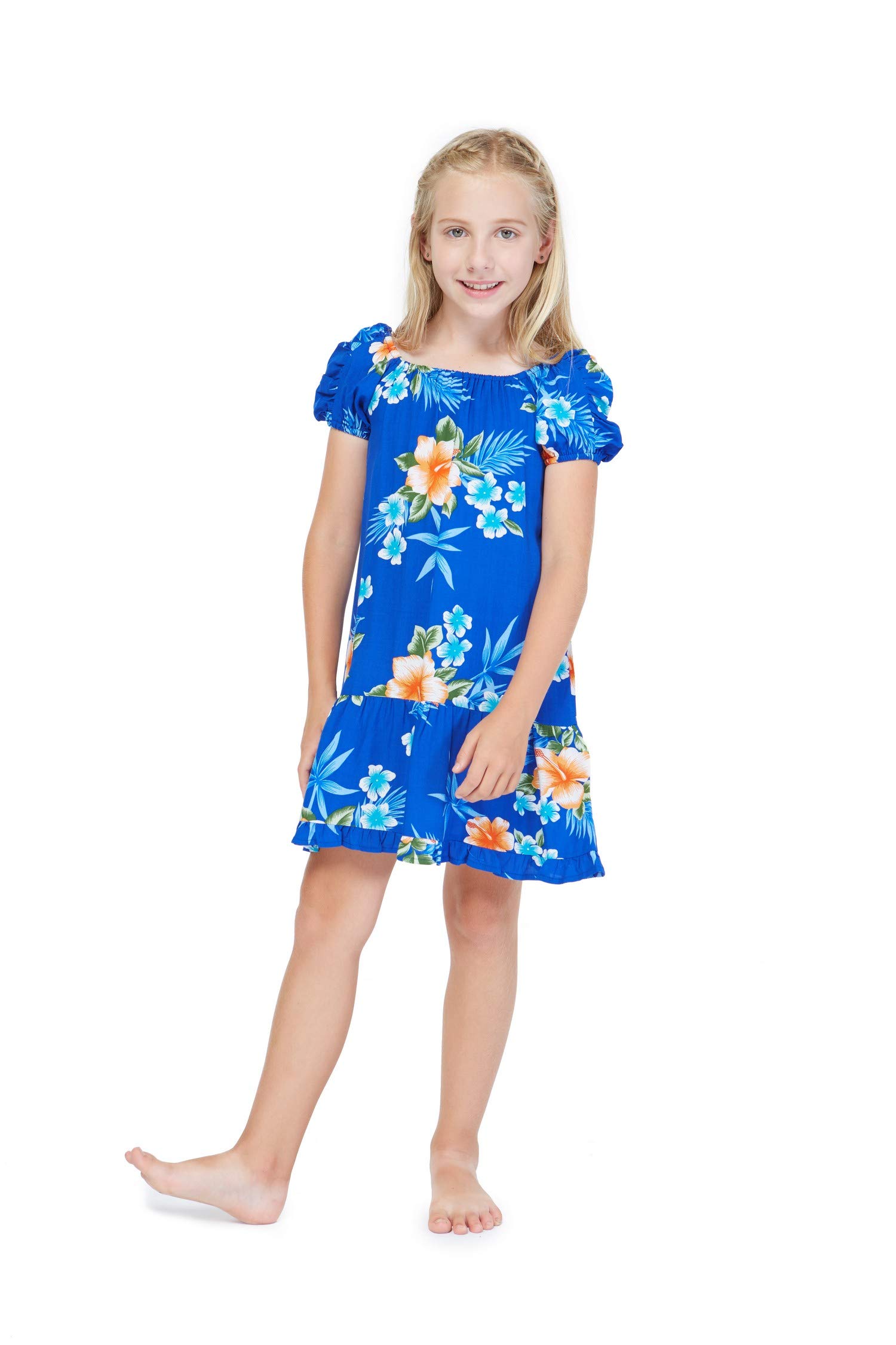 Hawaiian Luau Matching Mother Daughter Outfit - Off-Shoulder Top & Floral Muumuu Dress in Hibiscus Blue | Perfect for Beach Parties, Family Photos & Tropical Vacations
