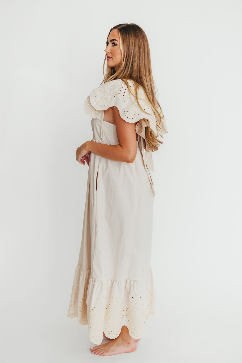 Brooklyn 100% Cotton Eyelet Detail Maxi Dress in Natural - Flowy Summer Dress for Beach, Wedding & Casual Wear | Breathable & Comfortable Women's Fashion
