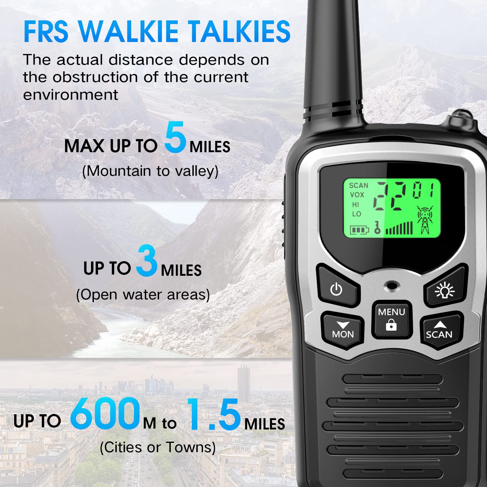 MOICO Long Range Walkie Talkies for Adults - 2 Pack Two-Way Radios with 22 FRS Channels, VOX, Scan & LCD Display, LED Flashlight - Perfect for Outdoor Adventures, Hiking, Camping, Biking & Emergency Survival (Silver)